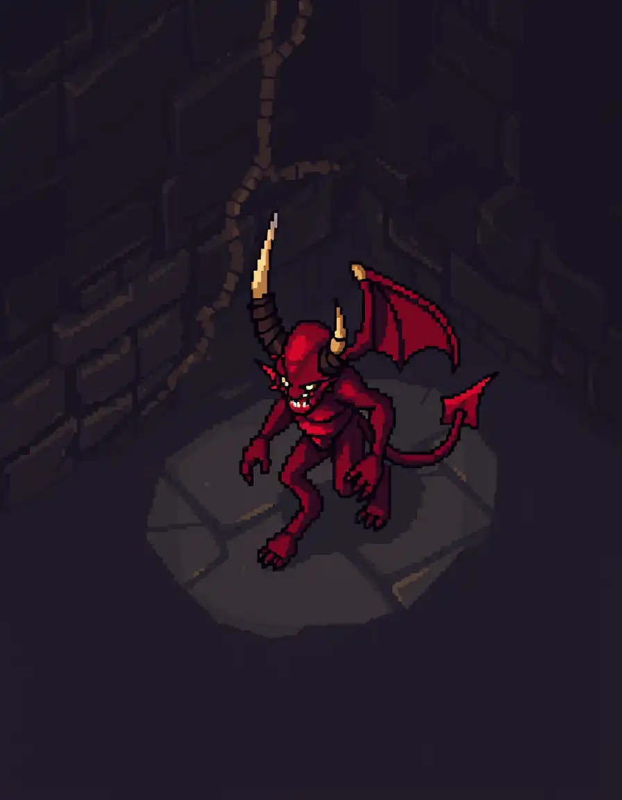 “32×32 pixel art, Diablo II style, small red demon, isometric angle, right foot forward, walking, dark fantasy dungeon lighting”