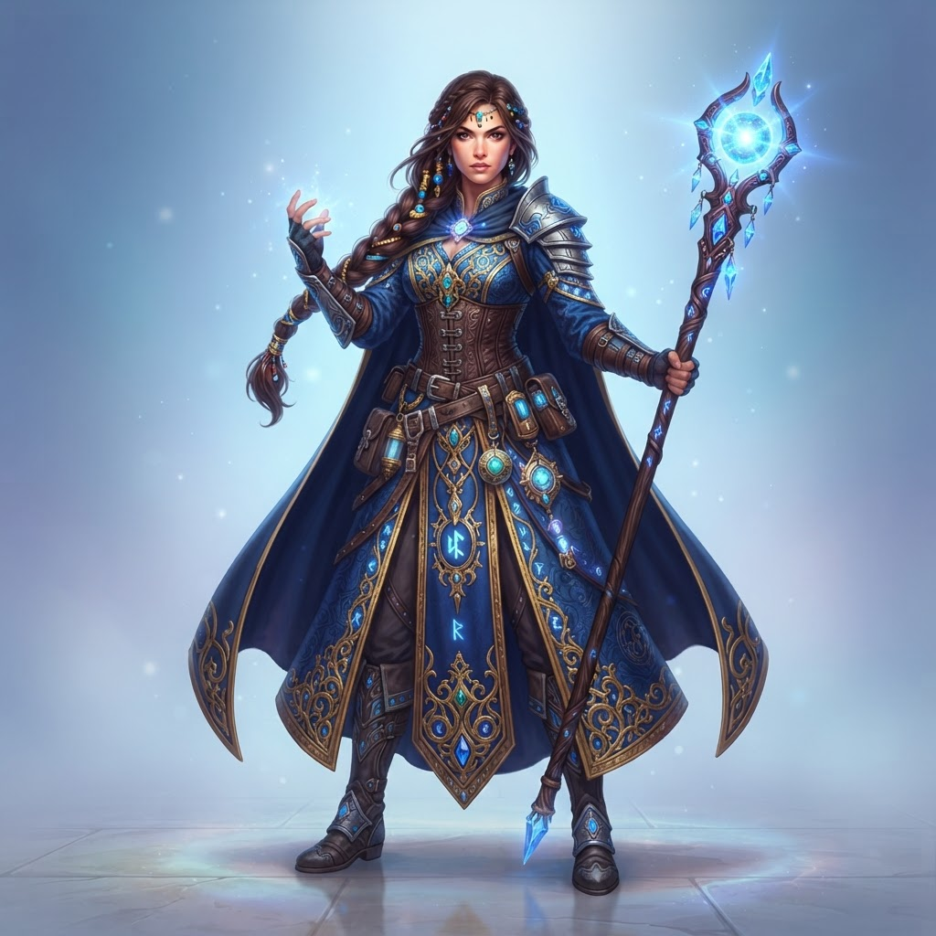 full body original fantasy character, battle mage in ornate blue robes, glowing staff, long braided hair, standing pose, clean soft gradient studio background, vibrant, crisp high detail, digital illustration
