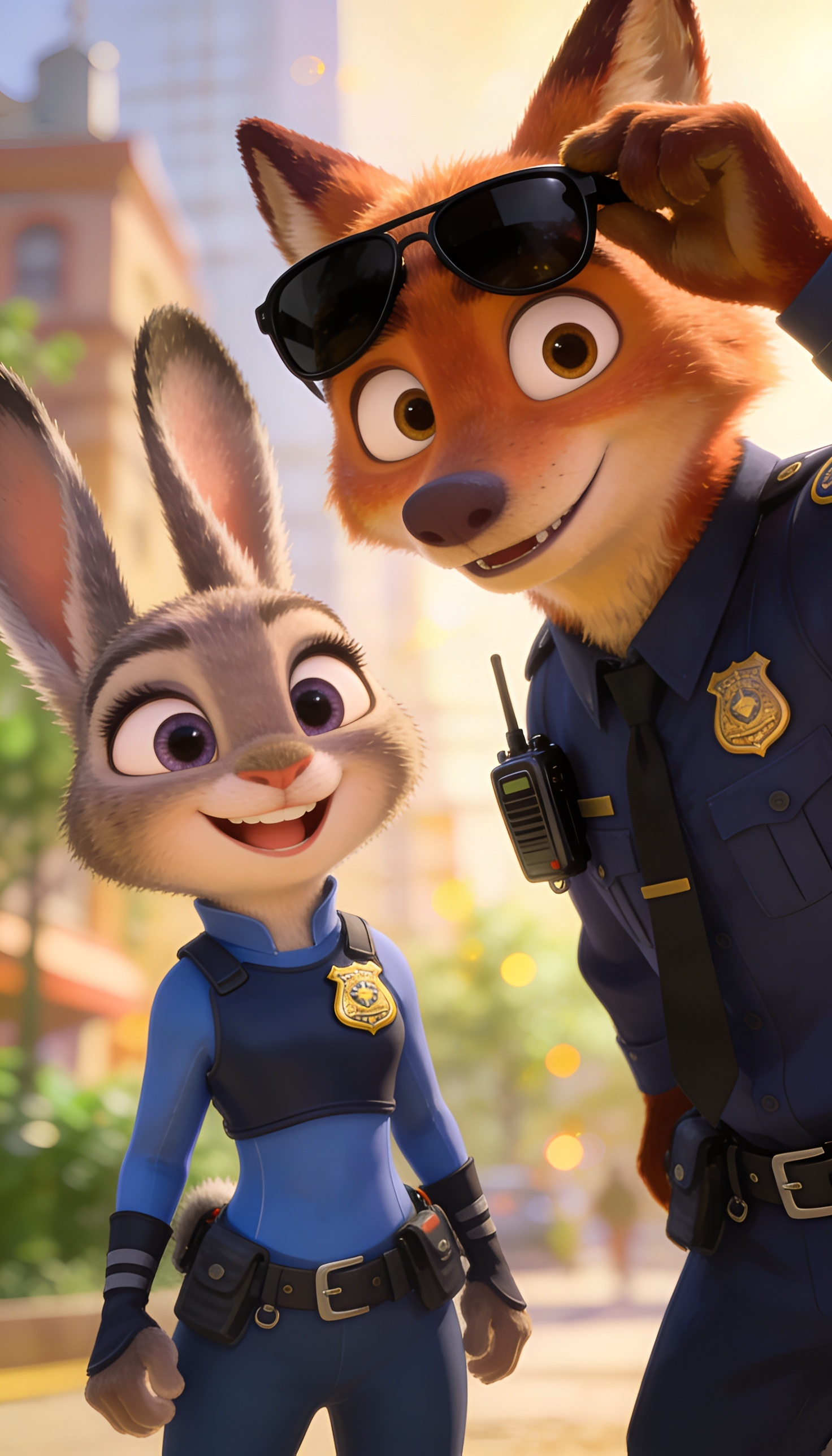 A playful medium close-up of Nick Wilde and Judy Hopps standing side by side outdoors, rendered in a