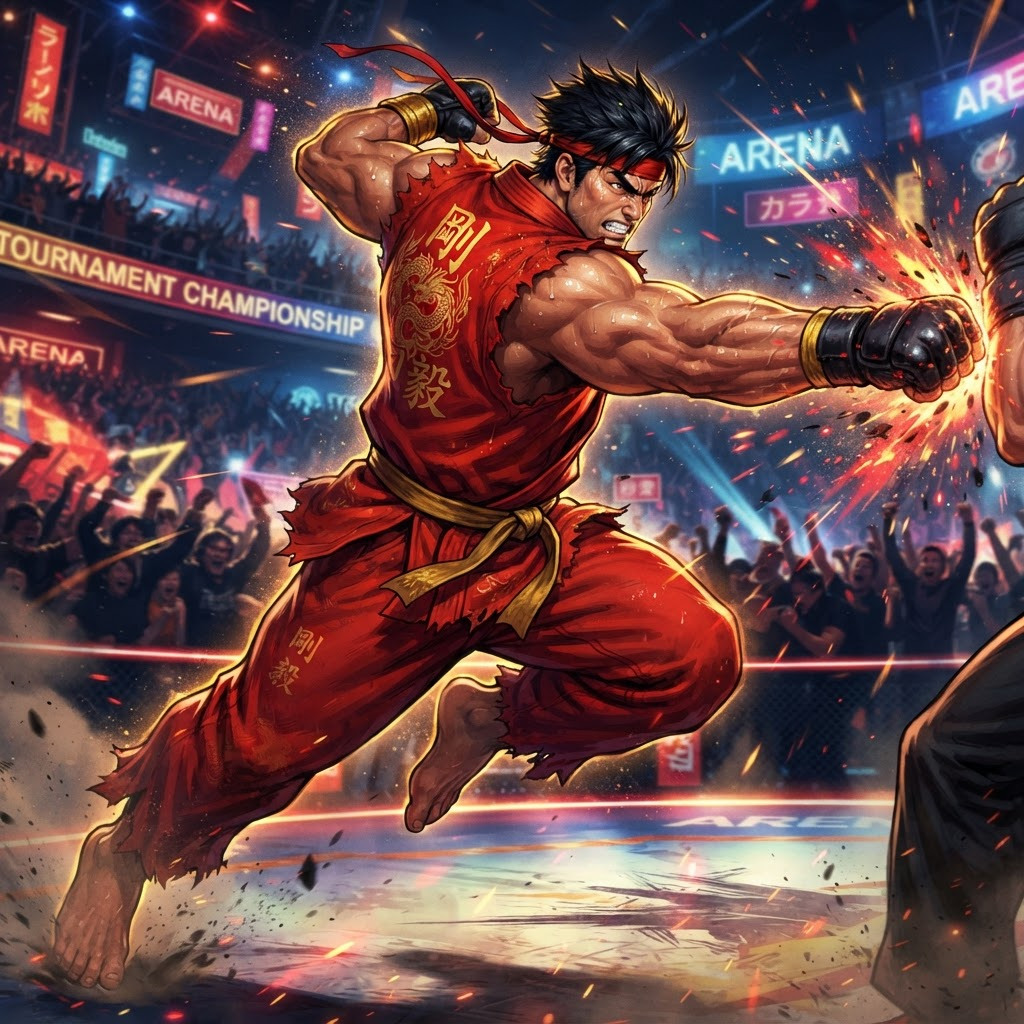 Street Fighter OC, original fighting game character, muscular martial artist, action pose, arena background