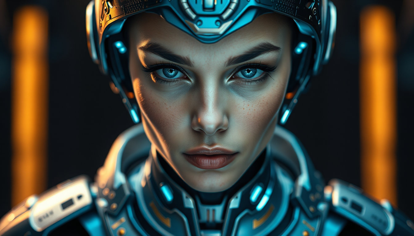 Ultra-detailed cinematic portrait of a female cyborg, extreme close-up, face filling the frame, looking directly into the camera, strong focused eye contact. Young woman with calm confidence and inner power. Her head is covered with a thin, ornate alien-style metallic helmet, symmetrical, elegant, with intricate micro-patterns integrated seamlessly into the face. Her body is wrapped in a delicate patterned metallic suit, ultra-thin structures flowing around the neck, shoulders and upper chest, with refined gold inlays and fine geometric details. The metal design is elegant, lightweight, futuristic, organic in form, never bulky. Color palette inspired by the reference image: deep cold blues, indigo, steel blue and blue-gray metals, contrasted with warm gold and soft bronze accents, subtle cyan light details. Eyes with a soft cyan-blue glow, intelligent, conscious, magnetic. Skin looks natural and alive: realistic texture, visible pores, soft imperfections, warm undertones beneath cool lighting, human and feminine, not artificial. Lighting cinematic, low-key, high contrast, cool blue atmosphere with gentle golden reflections. Background dark, minimal, futuristic, softly blurred. Hyper-realistic, ultra-sharp focus, 8k detail, shallow depth of field, high-end sci-fi portrait photography, elegant, powerful, feminine. NEGATIVE PROMPT (Leonardo-safe): wings, sword, fantasy armor, bulky metal, male, masculine face, plastic skin, doll face, over-smooth skin, anime, cartoon, illustrati