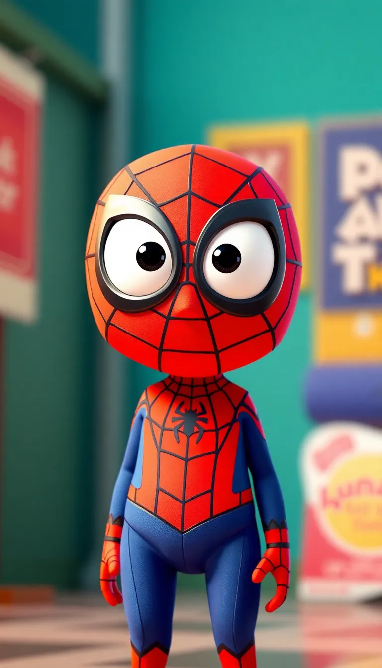Spider-Man → 3D cartoon, bright red and blue suit with black web patterns, large white cartoon eyes on mask, short funny body build, playful exaggerated expressions, Pixar-style superhero.