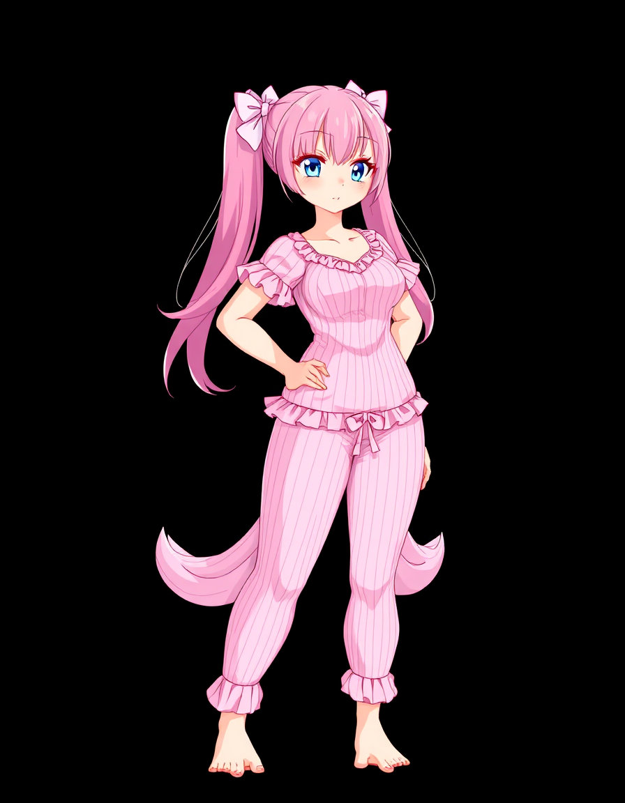 ## Style
- Medium: Digital 2D illustration, anime aesthetic
- Technique: Clean line art, cel-shading with soft gradients, vector-style rendering
- Rendering Approach: Flat shading with subtle subsurface scattering simulation
- Color Treatment: Pastel palette, monochromatic pink dominance, high saturation
- Value & Contrast: Low contrast, soft tonal transitions, minimal chiaroscuro
- Detail Density: High detail in hair and fabric, simplified anatomy
- Era / Movement: Contemporary anime/manga style, modern digital art
## Subject
- Identity / Type: Anthropomorphic character, duck-billed humanoid female
- Pose & Gesture: Standing full-body pose, weight on left leg, right hand resting on hip
- Distinctive Features: Orange duck bill, large blue eyes, long pink hair in twin tails
- Clothing or Equipment: Pink ribbed pajama set with ruffled trim and bow details
- Scale & Proportion: Stylized anime proportions, elongated limbs, exaggerated bust
## Environment
- Location Type: Studio background, isolated subject presentation
- Time of Day: Neutral, time-independent lighting
- Weather & Atmosphere: None, void background
- Foreground Elements: Character centered in frame
- Background Elements: Pure black void, no environmental context
- Architectural or Natural Features: None
## Mood
- Primary Emotional Tone: Playful, whimsical, slightly surreal
- Energy Level: Moderate, relaxed posture
- Tension or Calm: Calm, static composition
- Genre Association: Character design, mascot art, fantasy illustration
## Lighting
- Light Source(s): Frontal key light, soft fill from multiple directions
- Direction: Frontal, slightly elevated
- Quality: Soft, diffused, even illumination
- Color Temperature: Neutral to slightly warm
- Key-to-Fill Ratio / Contrast: Low contrast, minimal key-to-fill separation
- Shadow Character: Soft, minimal shadows, no hard edges
- Atmospheric Light Effects: None, no atmospheric perspective
## Composition
- Framing & Crop: Full-body vertical crop, head to toe
- Camera Angle: Eye-level, straight-on perspective
- Subject Placement: Centered, symmetrical composition
- Compositional Rules in Use: Rule of thirds not applied, central axis alignment
- Depth Layers: Single plane, no depth cues
- Negative Space: Extensive black negative space surrounding subject
## Texture
- Primary Materials: Digital rendering, simulated fabric textures
- Surface Quality: Smooth, polished appearance
- Reflectivity & BRDF Character: Low reflectivity, diffuse surface
- Wear, Patina, & Imperfections: None, pristine condition
## Camera
- Shot Type: Full-length portrait
- Implied Focal Length: Medium telephoto, ~85mm-equivalent
- Depth of Field & Aperture Feel: Deep depth of field, entire subject in focus
- Bokeh Character: None, no out-of-focus elements
- Lens Artifacts: None, clean digital output