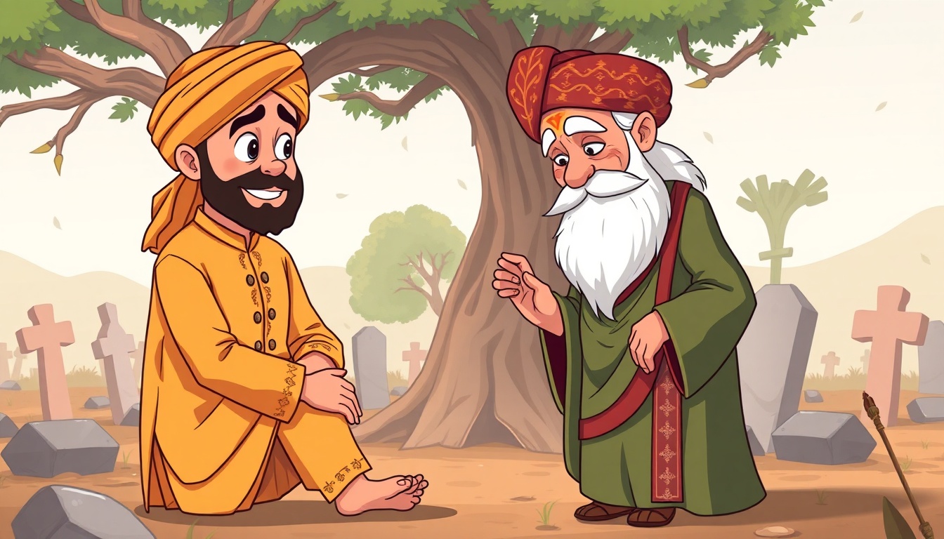 Prompt:
A 1D cartoon style illustration of a 35-year-old Punjabi Sikh man, wearing a turban, with a well-groomed beard and mustache, expressive eyes and an emotional and respectful face. Clean bold outlines, flat colors, minimal shading, smooth simple facial features, vector cartoon style, soft lighting, high clarity, no realistic textures. The character is in a graveyard story scene, wearing a golden-brown traditional kurta and pajama with simple embroidery, showing a humble and emotional expression, bending down and touching Baba’s feet with both hands.
A wise old fakir around 65 years old, long white beard reaching his chest, deep thoughtful eyes, wrinkled face showing age and wisdom. He is wearing a green traditional robe and a colorful patterned turban wrapped around his head. Standing upright, with a calm and peaceful expression, one hand slightly raised in blessing gesture, looking down at Sardar Ji.
Background shows a graveyard with broken graves, a large banyan tree, a few stylized dry trees, and light fog shapes, cinematic composition, simple and clean environment.
Cartoon image, 1D flat cartoon illustration, solid pastel colors, minimal shading, clean medium outlines, simple facial features, flat background, cute storybook style, vector art look, soft lighting, 4K