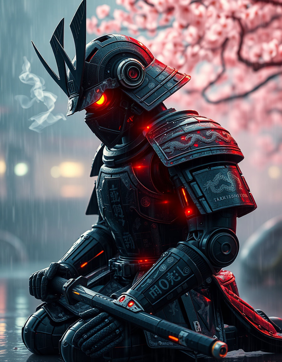 A robotic samurai kneels in the rain, armor lacquered with mirror-black panels engraved with silver dragons. Raindrops slide along his torso, lighting up holographic runes. One eye glows crimson beneath a cracked mask. A faint steam plume rises from his exposed circuits as his sword hums in low resonance. The background fades into misted cherry blossoms and neon reflections. It feels like a futuristic ukiyo-e painting rendered in cinematic realism—elegant, tragic, unstoppable.