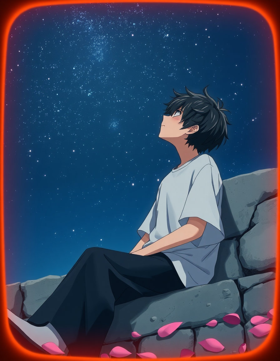 "a young anime protagonist sits with his back against a weathered stone wall, lost in the vast night sky above, dark hair with a hint of blue undertones illuminated by the faint starlight, an oversized white t-shirt with subtle floral patterns, flared dark blue pants, soft rose petals scattered around, warm and subtle television flicker lighting casts gentle shadows, and a soft vignette effect subtly darkens the outer frame, evoking nostalgia and intimacy as the gaze is drawn to the peaceful, starlit center."