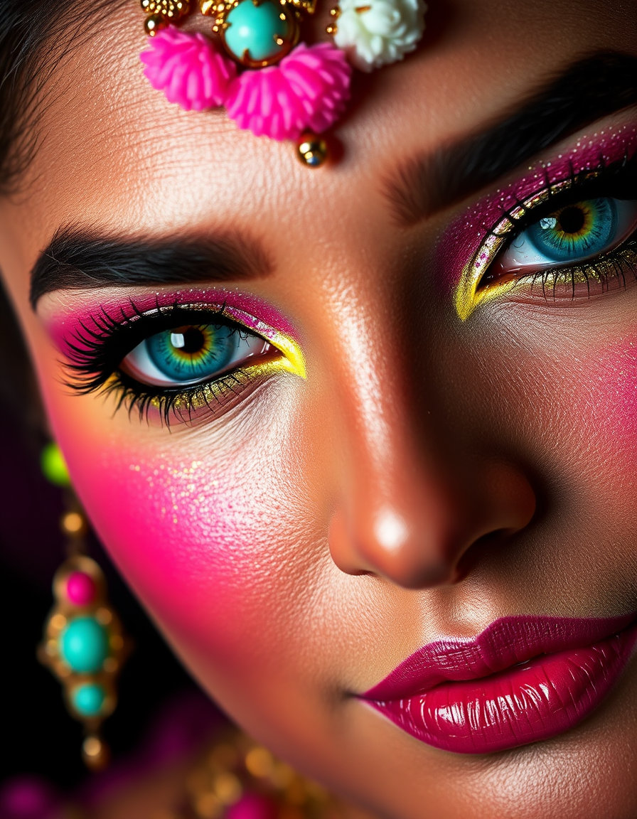 a trendy makeup look for a bridal close-up of eyes, featuring kashees bridal style. the scene is bathed in high-contrast candy colors like bubblegum pink, lemon yellow, and mint, set against absolute black, with hues popping like neon sugar crystals dissolving in darkness. saturation is cranked, edges are crisp, and brightness is sharpened by the surrounding void, creating a playful yet sinister palette. additionally, delicate pastel bases of soft pinks and mints are present, overcharged with sudden acidic jolts of neon lime and electric magenta, where edges bleed between gentle and toxic, and the clash vibrates at the eye, giving a sweet but corrosive feel with fragile hues destabilized by searing intensity. an abstract explosion of pink and gold colors with chaotic energy adds a dynamic element. the focus is on the eyes, adorned with glitter and glittery eyeliner, creating a glamorous and striking bridal makeup effect.