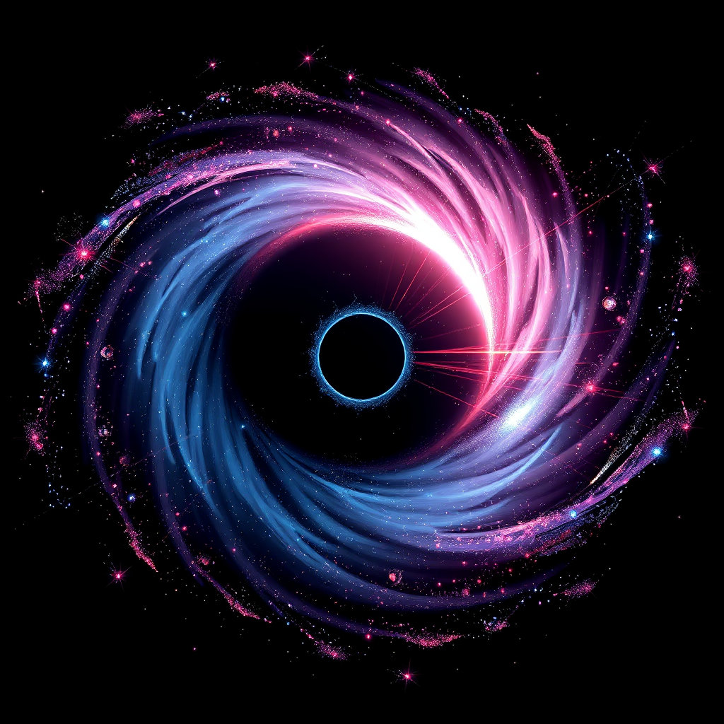 2d flat vector illustration with a massive world‑destroying quasar dominating the canvas, set against a pure solid black background. at the exact center, an intense dark core radiates extreme gravitational lensing distortions, wrapped by a colossal swirling accretion disk that glows vibrantly with an unstable, ultra‑bright white light accented by electric blue, neon violet and subtle cyan, pulsing irregularly. from the core erupt ultra‑high‑energy jets in electric blue and violet, each jet displaying intricate, dynamic particle trails sparkling with amplified shine. around the core and disk, shimmering quantum interference patterns flicker rapidly, while turbulence waves surge with increased velocity and unpredictable direction, creating chaotic cosmic distortions that appear stretched by the quasar’s gravity. interwoven abstract circular geometric elements fill the scene: spirals, radial lines, wavy line structures, grid‑like distortions, halftone energy dots, and dynamic burst shapes, all varied in shape, size and distribution, each element warped and stretched as if pulled by the powerful gravitational field. the overall style is extremely modern, clean, and high‑precision vector art, ultra‑detailed with subtle texture variations, capturing a single frozen moment of intense, fleeting animation‑style energy.