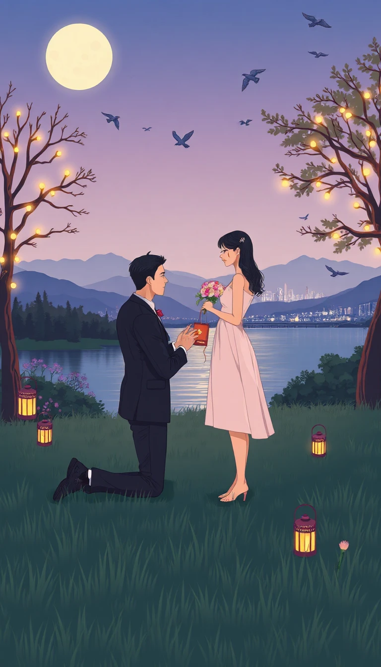 ## Style
- Medium: Digital illustration, 2D vector-based rendering
- Technique: Clean line art, flat shading with soft gradients, stylized atmospheric perspective
- Rendering Approach: Non-photorealistic, painterly digital aesthetic, simplified form language
- Color Treatment: Pastel palette, cool blues and purples contrasted with warm ambers and golds, complementary color scheme
- Value & Contrast: Low contrast overall, soft tonal transitions, high-key lighting
- Detail Density: Moderate, simplified textures, stylized foliage and water
- Era / Movement: Contemporary digital art, romantic illustration style
## Subject
- Identity / Type: Male and female figures, romantic couple
- Pose & Gesture: Male kneeling in profile, female standing facing him, hands extended in exchange gesture
- Distinctive Features: Long dark hair on female, short hair on male, formal attire
- Clothing or Equipment: Male in dark suit and tie, female in light-colored sleeveless dress, male holding ring box, female holding bouquet
- Scale & Proportion: Human scale, natural proportions, slightly elongated limbs for stylized effect
## Environment
- Location Type: Outdoor lakeside setting, grassy meadow
- Time of Day: Twilight, dusk, moonlit evening
- Weather & Atmosphere: Clear sky, calm, serene, romantic
- Foreground Elements: Grassy terrain, decorative lanterns, string lights on trees
- Background Elements: Distant mountains, lake, city lights on horizon, birds in flight
- Architectural or Natural Features: Trees with string lights, distant buildings, natural landscape
## Mood
- Primary Emotional Tone: Romantic, tender, intimate, hopeful
- Energy Level: Gentle, peaceful, quiet
- Tension or Calm: Calm, serene, emotionally charged but peaceful
- Genre Association: Romantic illustration, wedding proposal scene, fantasy romance
## Lighting
- Light Source(s): Full moon, string lights on trees, ground lanterns, ambient city lights
- Direction: Overhead moonlight, downward from string lights, soft ambient fill
- Quality (Hard / Soft): Soft, diffused, gentle illumination
- Color Temperature: Cool moonlight (blue-purple) balanced with warm artificial light (amber-gold)
- Key-to-Fill Ratio / Contrast: Low contrast, balanced key and fill
- Shadow Character: Soft shadows, minimal hard edges
- Atmospheric Light Effects: Moon glow, soft ambient occlusion, subtle light diffusion through foliage
## Composition
- Framing & Crop: Wide shot, full scene visible, centered composition
- Camera Angle: Eye-level, slightly elevated perspective
- Subject Placement: Central focus, couple in middle ground, balanced left-right symmetry
- Compositional Rules in Use: Rule of thirds, symmetry, leading lines from string lights
- Depth Layers: Foreground (grass, lanterns), middle ground (couple, trees), background (mountains, city)
- Negative Space: Sky area above couple, open space around figures
## Texture
- Primary Materials: Digital paint, vector shapes, gradient fills
- Surface Quality: Smooth, clean, non-textured, stylized
- Reflectivity & BRDF Character: Minimal reflectivity, matte surfaces, soft specular highlights
- Wear, Patina, & Imperfections: None, pristine, idealized surfaces
## Camera
- Shot Type: Wide shot, medium-long shot
- Implied Focal Length: 35mm-equivalent wide angle
- Depth of Field & Aperture Feel: Deep depth of field, everything in focus
- Bokeh Character: Minimal bokeh, soft background blur only in distant elements
- Lens Artifacts: None, clean digital rendering