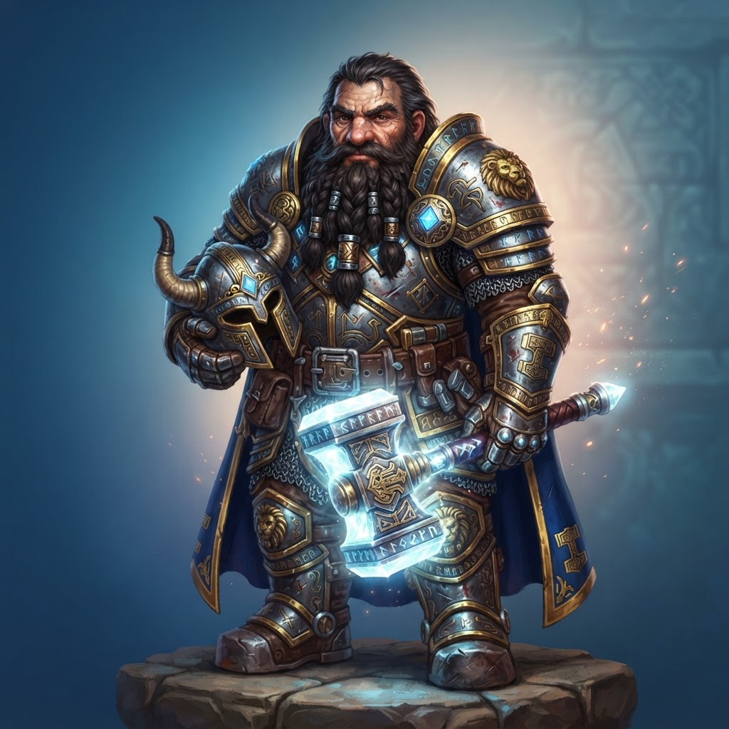 a dwarf paladin in heavy engraved plate armor holding a glowing warhammer, tabletop fantasy character portrait, clean soft gradient studio background, vibrant, crisp high detail, digital painting