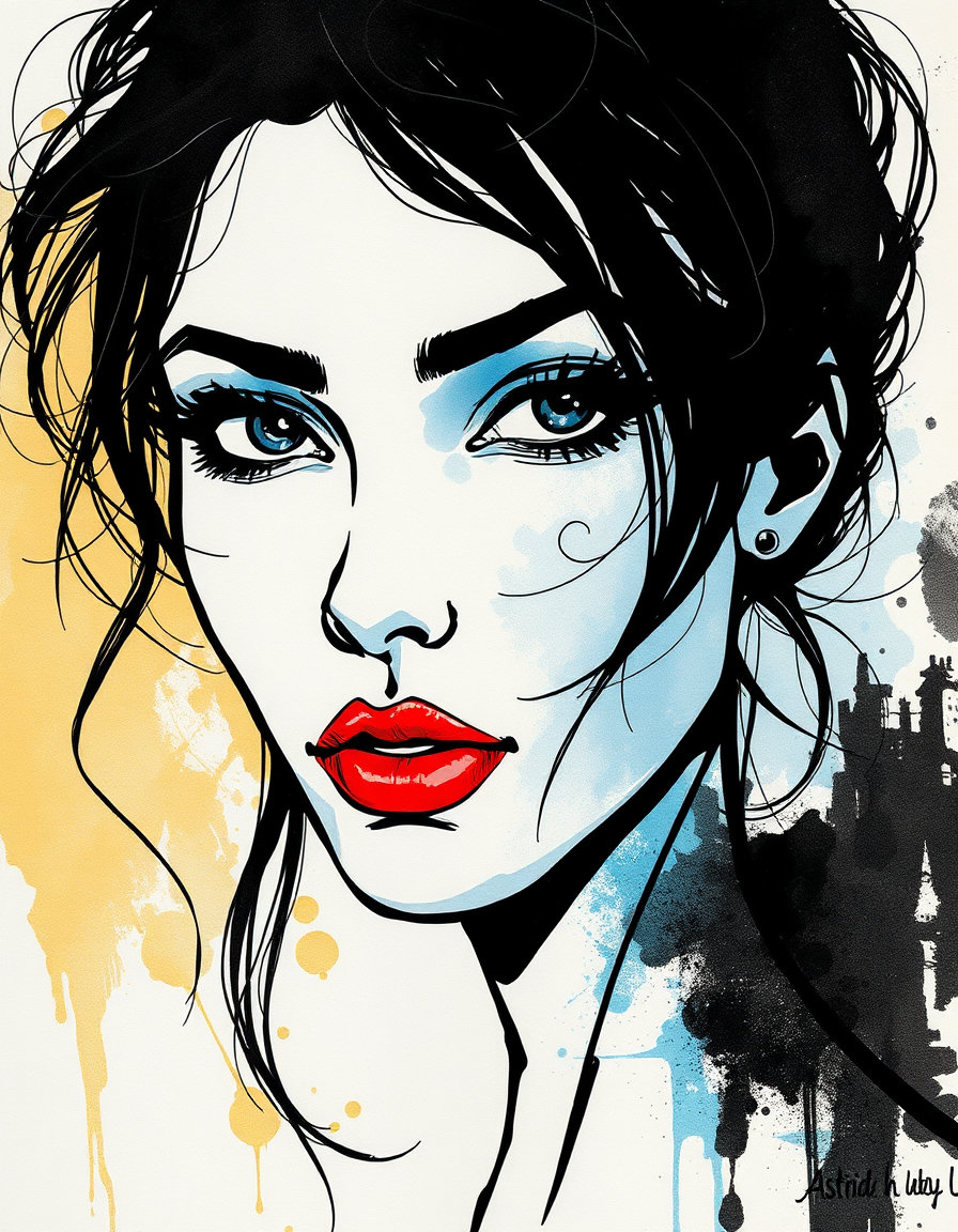 a face rendered in ink illustration with dense, high-contrast lines and precise silhouettes, set against a liquid gold, light blue, and black background with subtle tonal modulation through controlled dilution, where the subject's hair is a fluid, organic ink wash, with delicate tendrils and wispy strands that blend seamlessly into the surrounding inkwork, while the face remains stark and unmoving, with crisp, sharp edges and high-contrast linework that prioritizes visual clarity. the subject's features are reimagined in the bold, edgy style of astrid vos, with a chic, high-fashion twist, where the lines and shapes are strong and dynamic, and the eyes are dramatic and expressive, with a vibrant, artistic flair that captures the essence of a fashion sketch, where the subject's expression is a fusion of elegance and rebelliousness, with a dash of spontaneity and creative abandon, as if the lines and shapes are being drawn on the fly, with a sense of joyful freedom and unbridled energy, where the ink flows like a stream of consciousness, and the subject's features seem to shift and morph like a puzzle coming together, amidst a backdrop of layered, textured elements that evoke the feeling of torn paper, fabric, and found objects, creating a visually dynamic, dreamlike atmosphere that dissolves the boundaries between reality and fantasy, with every line and shape infused with the confident, unapologetic spirit of astrid vos's iconic style, where the subject's gaze is a piercing fusion of sophistication and raw emotion, and the overall effect is a mesmerizing blend of high-fashion glamour and artistic rebellion.