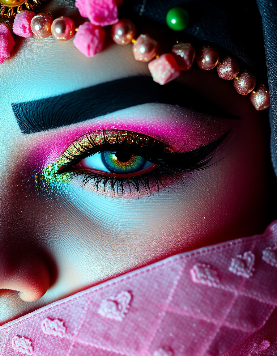 a trendy makeup look featuring a close-up scene of the eyes. the eyes are adorned with a kashees bridal style, enhanced with abundant glitter and glittery eyeliner. the scene is illuminated with high-contrast candy colors, including bubblegum pink, lemon yellow, and mint, dramatically set against an absolute black background. these hues pop like neon sugar crystals dissolving in darkness, with cranked saturation, crisp edges, and brightness sharpened by the surrounding void, creating a playful yet sinister, saccharine wrapped in shadow aesthetic. complementing this, delicate pastel bases of soft pinks and mints are overcharged with sudden acidic jolts of neon lime and electric magenta, where edges bleed between gentle and toxic, the clash vibrating at the eye, conveying a sweet but corrosive, fragile hue destabilized by searing intensity. the overall image captures an abstract explosion of pink and gold colors with chaotic energy and a dynamic feel.