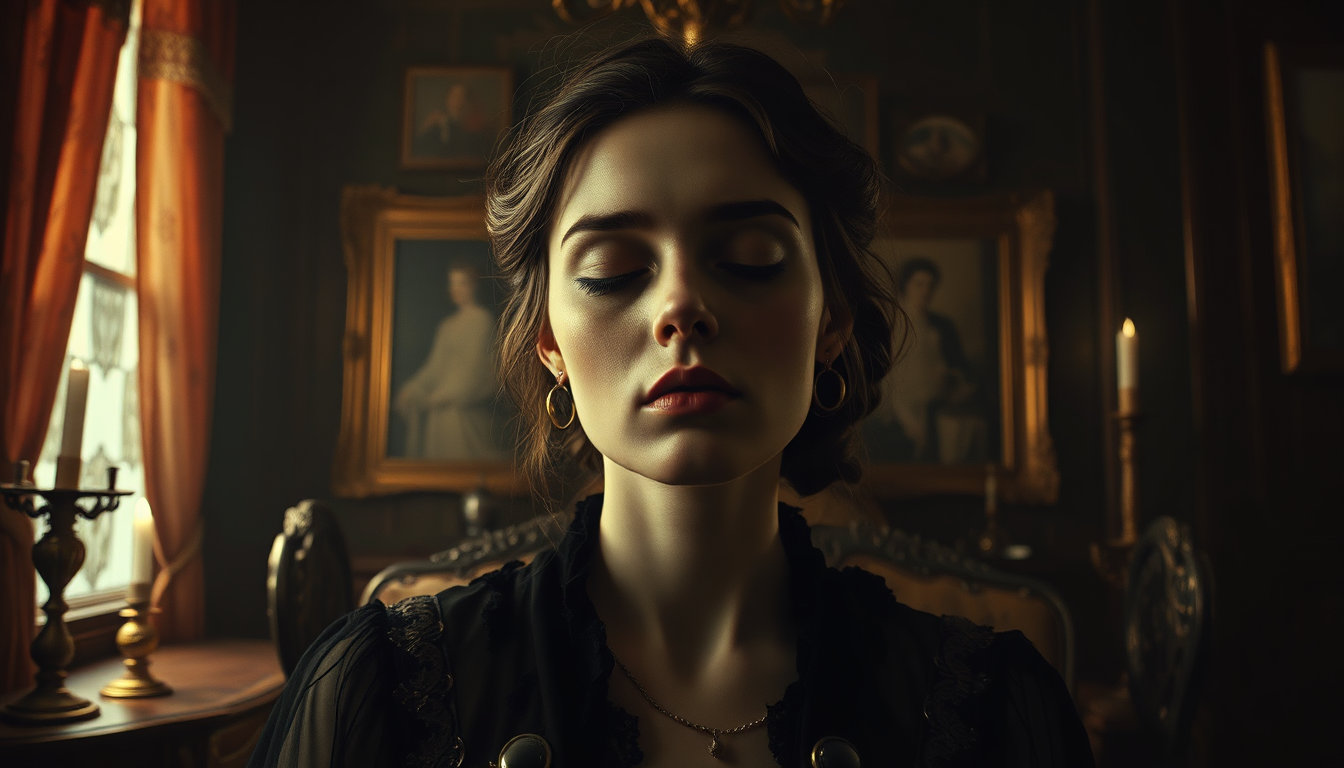 in a scene reminiscent of the early 20th century, a hauntingly beautiful individual is depicted, set against a backdrop of an eerily dimly lit, victorian-era mourning parlor, inspired by the vintage aesthetic of a creepy old post mortem photo where the subject's eyes are closed. the subject's presence is characterized by subtle, delicate details, with an emphasis on fine brushwork and nuanced texture, echoing the style of a masterpiece digital oil painting executed in vibrant, hyper-realistic strokes. the entire atmosphere is infused with an aura of nostalgia and mystique, as if time has stood still since the passing of the subject, much like the timeless quality of a highly detailed, concept-art piece. surrounding the subject are the ornate, antique elements of a bygone era, meticulously crafted to evoke a sense of depth and history, all set against a dark, high-contrast background, rich with the visual details reminiscent of an 80s graphic novel. the color palette is muted, yet the entire scene is imbued with a haunting sense of life, as if the subject's presence is about to awaken, transporting the viewer to a realm both melancholic and enigmatic.