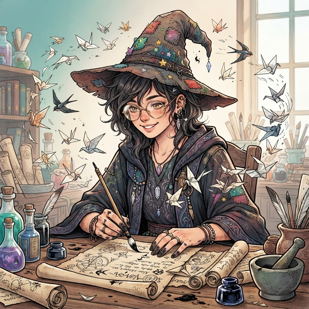original character: a witch with round glasses and a patched pointed hat, ink-stained fingers holding a brush, spectacles glinting, tiny paper birds circling her, delicate ink-line fantasy manga illustration, clean soft gradient studio background, vibrant, crisp high detail, digital illustration