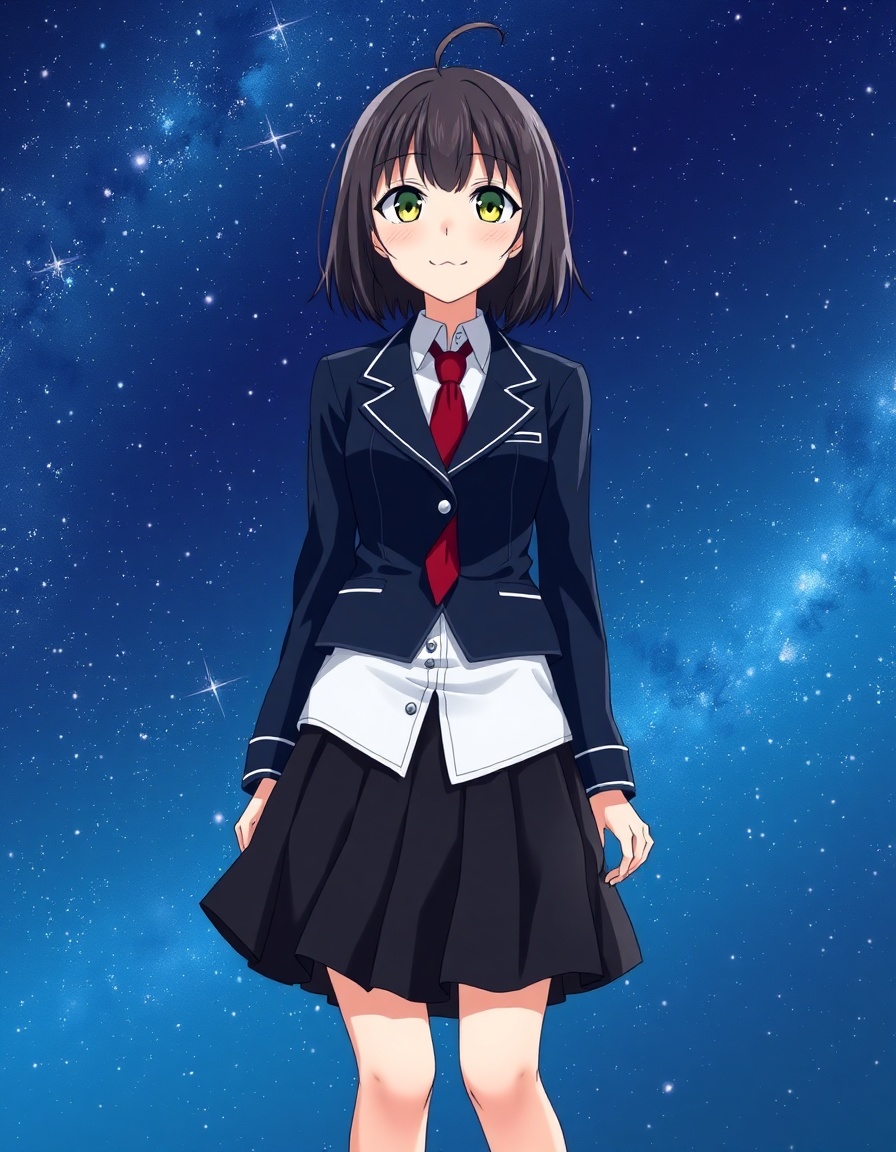 kurea aizawa, an anime-style high school student, stands in a starlit, infinite space. she wears her modified school uniform with a navy blazer, white shirt, red tie, and black skirt. the cosmic setting creates a sense of weightless peace.
