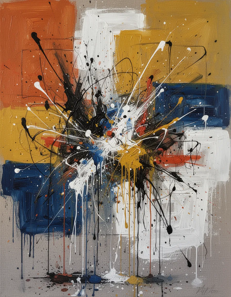 abstract expressionism, a spontaneous, gestural abstraction emphasizing raw emotion and dynamic process, rendered in massive, wall‑spanning dimensions that engulf the viewer’s peripheral vision; the physical act of creation dominates the scene with aggressive kinetic brushwork, energetic dripping, and pouring techniques that turn the canvas into an arena of kinetic action painting; the composition is monumental in scale, an immersive environment that expands the pictorial field to enclose the observer in an all‑over expanse of color and texture, eliminating any central focal point; a non‑representational, flat picture plane saturated with continuous distribution of line, color, form, and texture, asserting absolute autonomy of the two‑dimensional surface; psychological depth explored through psychic automatism, channeling jungian archetypes and freudian unconscious currents, producing visceral, unmediated indices of inner emotional topography; chromatic resonance presented as expansive, uninterrupted planes of unmodulated color—burnt orange, mustard yellow, deep blue, and pure white—creating meditative fields that evoke contemplative, sublime, and spiritual responses; the artwork combines mixed media with thick impasto oil paint, vibrant color blocks, expressive black‑ink line drawings, textured canvas surface, visible aggressive brushstrokes, fluid watercolor washes, layered composition, high contrast tactile depth, all rendered in a contemporary abstract expressionist style.