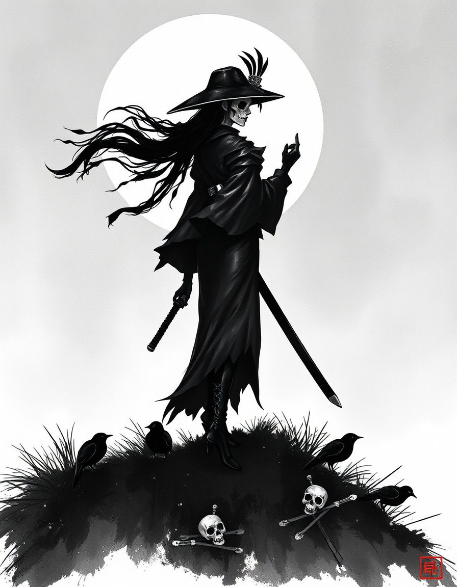 une femme élégante en chapeau skull gothique de cuir noir, bottines courtes à motif skull, entourée de gargouilles sur un fond sombre, dreamlike stillness, couleurs pastel douces, brume légère, contours flous, atmosphère sereine et surréaliste, lumière filtrée par une légère brume, mouvement lent et silencieux.A lone samurai stands atop a windswept hill, drawn entirely in bold sumi-ink strokes. COMPOSITION: strong black silhouette with only three values—deep ink, mid-gray wash, and white paper negative space. LIGHTING: implied backlight created solely through untouched white paper around the figure. STYLE: anime-sumi hybrid—thick calligraphic lineweight, dry-brush artifacts, and controlled splatter halos behind the blade. The sky is a single diluted wash fading to pure white. MOOD: stark, elegant, meditative.