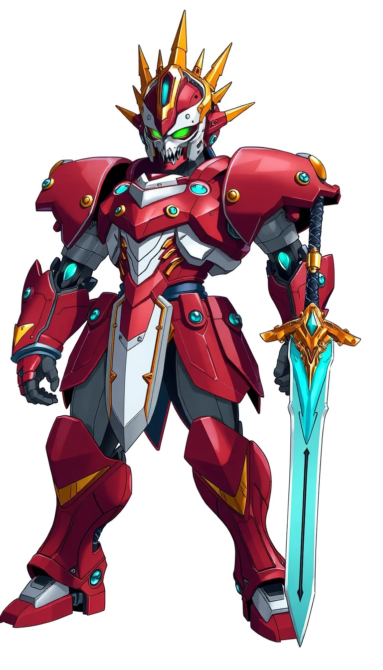 This high-detail anime mecha illustration showcases a fantasy-tech armored warrior knight in a powerful full-body, three-quarter standing combat stance facing slightly left. The humanoid mecha features an aggressive, skull-like helmet faceplate with glowing green eyes and a fierce red mouth design, crowned by a massive, golden spiked crown ornament. Its intricate, layered armor plating is rendered with clean lineart and sharp cel-shading, dominated by a vibrant maroon and red color scheme with white-silver torso panels, gold trim, and deep blue technical accents. The mecha holds a massive longsword with a glowing turquoise blade and an ornate golden hilt resting toward the lower right. Set against a pure, featureless white studio background, the entire composition is flatly illuminated with subtle, soft specular highlights on the armor's clean, semi-gloss surfaces, creating a bold, striking design with an infinite depth of field. 9:16 aspect ratio.