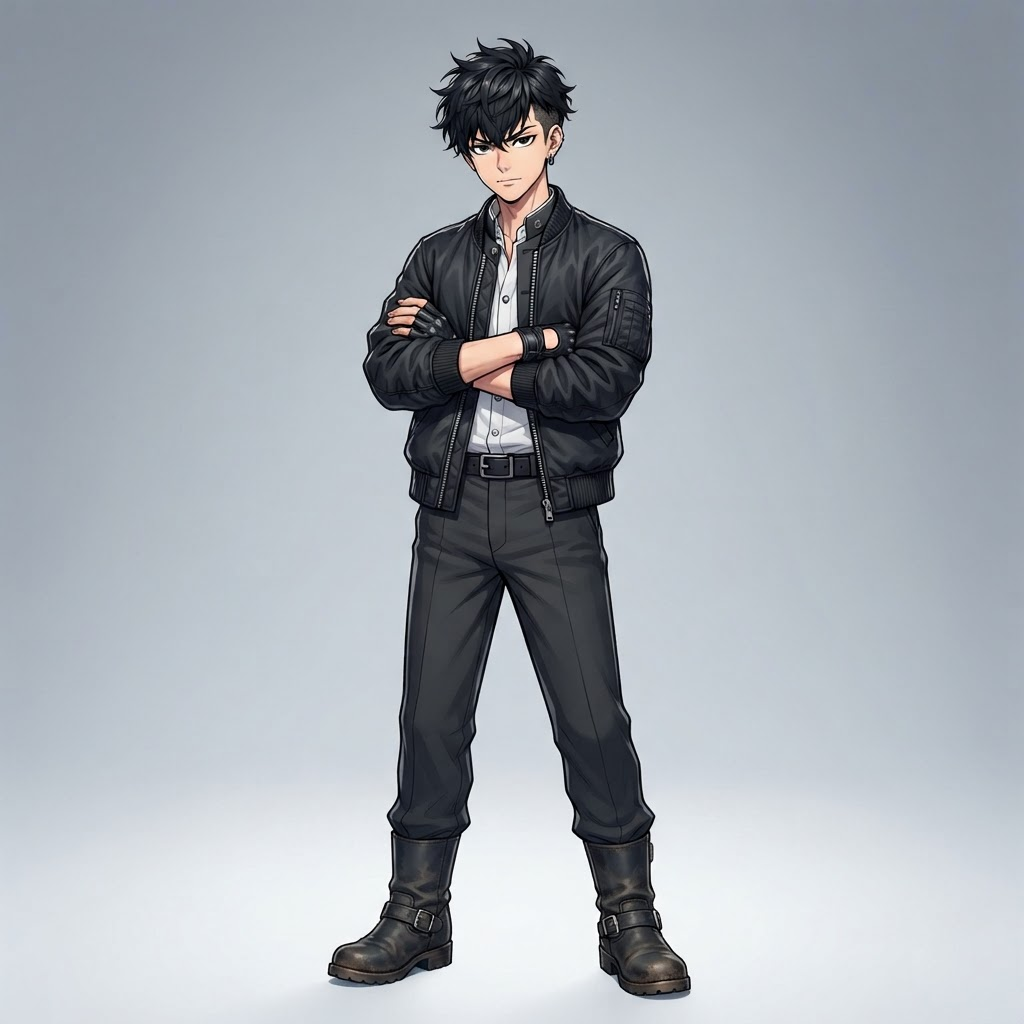 original biker gang member character, young man with black undercut hair, black bomber jacket over a school uniform, arms crossed, standing full body, modern shonen anime style, clean cel shading, bold lineart, soft grey gradient studio background, crisp high detail, no text, no words, no watermark