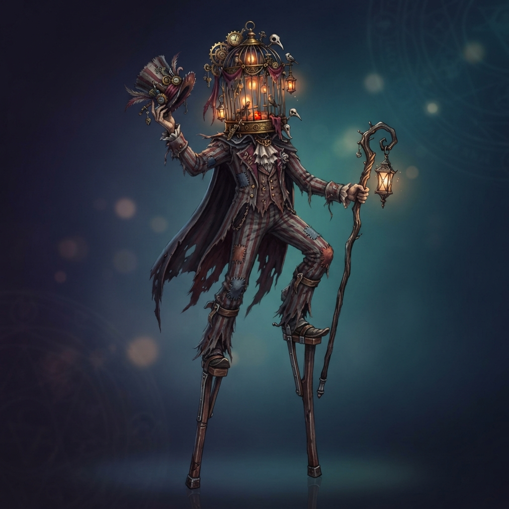 original character: a lanky stiltwalker in a moth-eaten striped suit with a birdcage for a head, lanterns glowing inside, dark carnival storybook illustration, clean soft gradient studio background, vibrant, crisp high detail, digital illustration