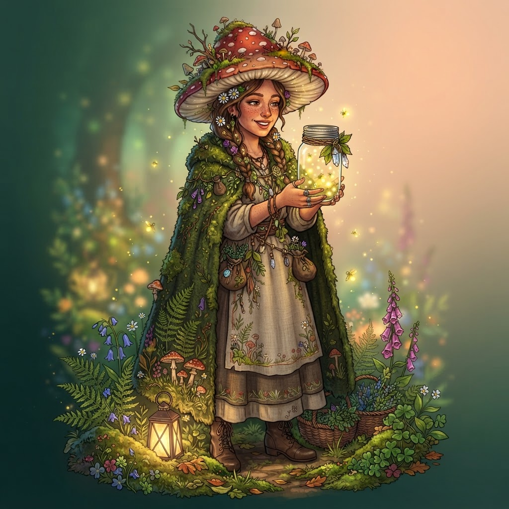 original character, cottagecore witch with mushroom hat and mossy cloak, holding a glowing jar of fireflies, clean soft gradient background, vibrant, crisp high detail, digital illustration