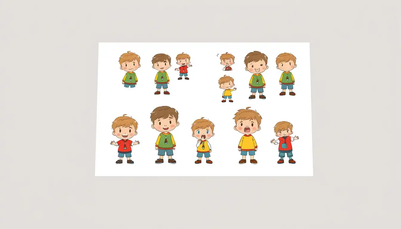 CHARACTER DESIGN SHEET
children character design, cute kid in multiple poses (happy, sad, excited), clean white background, colorful outfit, professional illustration sheet, high detail