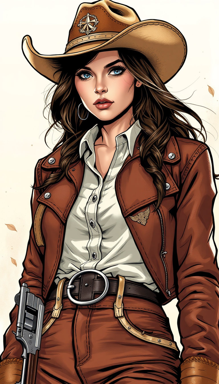 Illustrazione ultra-dettagliata, in stile graphic novel, di una splendida sceriffa americana in stile cowgirl, con penetranti occhi azzurri e lunghi capelli castani ondulati che le ricadono sotto un cappello da cowboy di paglia color crema con fascia in cuoio marrone scuro lavorato e concho in argento lucido. Sguardo fiducioso e diretto, labbra leggermente dischiuse, postura eroica.
Il personaggio indossa una giacca da motociclista corta in pelle color bordeaux scuro, realizzata su misura, con venature, pieghe, riflessi e superfici riflettenti in stile fumetto estremamente dettagliate. Un grande distintivo da sceriffo a sette punte, lucido, è appuntato sul petto a sinistra. Una camicia western in cotone bianco, leggermente sbottonata, mostra la trama del tessuto, le pieghe e le linee di tensione. Pantaloni a vita alta in pelle bordeaux abbinati, con un effetto invecchiato realistico e cuciture a vista. Un'ampia cintura in pelle marrone con una massiccia fibbia western in argento inciso e decorato e concho secondari. Due revolver Colt Single Action Army nichelati, riposti in fondine di cuoio marrone consumato sui fianchi, con le mani appoggiate sulle impugnature.
Posa: identica al riferimento, postura da sceriffo forte e sicura, prospettiva all'altezza degli occhi, inquadratura completa del busto, anatomia perfetta, proporzioni eroiche. AMBIENTE: Una suggestiva fattoria del selvaggio West durante l'ora del crepuscolo, in un'atmosfera cinematografica. Un cielo indaco freddo sfuma nella calda luce di una lanterna. Sullo sfondo, un fienile di legno rosso consumato dal tempo con lampadine Edison appese che emanano una luce calda. Nebbia che si alza dal terreno, un paesaggio di prateria in lontananza, le linee di una recinzione di legno che si perdono all'orizzonte. Erba e fiori selvatici in primo piano sono leggermente sfocati per dare profondità.
STILE: Illustrazione di altissima qualità, stile fumetto iper-dettagliato, tratto a inchiostro drammatico, tratteggio incrociato preciso, ricche ombreggiature pittoriche, composizione cinematografica delle vignette, copertina di graphic novel di alta qualità, estetica western moderna, contorni pulitissimi, ombreggiature intense.
COLORE E ILLUMINAZIONE: Illuminazione cinematografica in stile fumetto con una calda luce principale di una lanterna proveniente da 45° a sinistra (3400K) che si fonde con la fredda luce ambientale del crepuscolo (7500K). Forte luce di contorno sui capelli e sulla tesa del cappello. Riflessi speculari sul distintivo metallico e sulla fibbia della cintura. Raggi di polvere volumetrici, foschia atmosferica di profondità, sfumatura delle ombre drammatica.
MIGLIORATORI DI DETTAGLI: Ciglia estremamente dettagliate, lentiggini, riflessi realistici dell'iride, ciocche di capelli mosse dal vento, graffi sulla texture della pelle, filigrana metallica incisa sulla fibbia della cintura, texture del revolver in acciaio spazzolato, cuciture dettagliate del tessuto, ombreggiatura a microcontrasto in stile fumetto, prospettiva atmosferica, sfocatura di profondità in primo piano e sullo sfondo.
MODIFICATORI DI QUALITÀ: Illustrazione ultra dettagliata con risoluzione 8K, linee ultra nitide, colori cinematografici vibranti, color grading di alta qualità in stile fumetto, densità di dettagli estrema, illuminazione ad alta gamma dinamica, qualità professionale da copertina di graphic novel.
COSA NON FUNZIONARE: Bassa risoluzione, sfocatura, anatomia errata, dita in più, mani deformate, arti duplicati, viso disegnato male, proporzioni distorte, colori sbiaditi, ombreggiatura confusa, illuminazione piatta, costume economico, cappello impreciso, distintivo dello sceriffo mancante, filigrana, testo, logo, artefatti JPEG.
