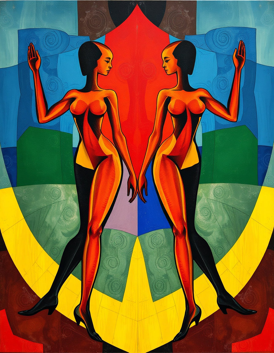 ## subject
- identity / type: abstracted human figures, dual gendered silhouettes, symbolic representation
- pose & gesture: symmetrical mirrored stance, arms extended laterally, legs splayed in dynamic v-shape
- scale & proportion: exaggerated limb proportions, elongated torsos, stylized anatomical ratios
masterpiece, masterartwork, very beautiful,pvc, pvc design, large object, very modern pvc background,
sureal, surealitly, dual surealism, masterwork, dali,
- medium: oil on canvas
- technique: impasto, visible brushwork, palette knife application
- rendering approach: cubist synthesis, geometric abstraction, fragmented planes
- color treatment: high-chroma local color, juxtaposed complementary hues, non-naturalistic saturation
- value & contrast: moderate tonal range, flattened value structure, compressed luminance gradient
- detail density: selective detail, expressive simplification, structural emphasis over textural fidelity
- era / movement: early 20th-century modernism, cubist-influenced portraiture, expressionist color logic - identity / type: abstract organic shape urban, silhouette
- pose & gesture: dynamic, fluid motion implied through brushwork
- distinctive features: white linear striations, layered translucent planes
the setting is undefined, focusing purely on the abstract arrangement of shapes and figures.
the composition is densely packed, with figures overlapping and filling the entire canvas.
the lighting is flat, enhancing the boldness of the colors and patterns rather than highlighting any particular area.
vibrant colors dominate the image, including blues, reds, yellows, and greens in a harmonious blend.
the style is abstract and modern, reminiscent of cubism with a focus on form and color.
the mood is dynamic and lively, evoking a sense of movement and rhythm through the vivid patterns. - scale & proportion: vertical orientation,
intricate patterns and textures with a variety of motifs including spirals, zigzags, and dots.
the style is abstract and modern, reminiscent of cubism with a focus on form and color.
the mood is dynamic and lively, evoking a sense of movement and rhythm through the vivid patterns.
the central floral motif has been transformed into a vibrant, organic bloom with delicate watercolor petals and loose, swirling strands of pollen that add an element of movement and dynamism to the composition. - clothing or equipment: ornate headpiece, patterned bodice
- scale & proportion: idealized proportions
- medium: oil on canvas, impasto application
- technique: abstract expressionism, gestural brushwork, palette knife application
- rendering approach: non-representational abstraction, biomorphic forms
## environment
- location type: abstract void, undefined space, conceptual setting
- time of day: timeless, non-specific temporal context
- weather & atmosphere: sterile, clean, vacuum-like atmosphere
- foreground elements: a central floral motif transformed into a vibrant, organic bloom with delicate watercolor petals and loose, swirling strands of pollen, stylized stem structure
- background elements: floating circular elements, minimal contextual markers
- architectural or natural features: stylized flower (orange hibiscus-like bloom), abstract geometric orbs ## mood
- primary emotional tone: meditative, symbolic, harmonious
- energy level: balanced, static yet dynamic through pose
- tension or calm: calm, equilibrium-focused, non-confrontational
- genre association: conceptual art, symbolic illustration, decorative art ## lighting
- light source(s): diffuse ambient illumination, no directional light source
- direction: omnidirectional, flat lighting
- quality (hard / soft): uniform soft lighting, no shadows or highlights
- color temperature: neutral, balanced white balance
- key-to-fill ratio / contrast: high contrast due to black-and-white palette, no fill light
- shadow character: absence of cast shadows, flat shading
- atmospheric light effects: none, clean and uncluttered visual field ## texture
- primary materials: vector-based digital medium, smooth surface
- surface quality: flat, matte finish, no textural variation
- reflectivity & brdf character: non-reflective, diffuse surface response
- wear, patina, & imperfections: pristine, idealized forms, no signs of aging or wear ## camera
- shot type: full-body illustration, two-dimensional plane
- implied focal length: equivalent to wide-angle or normal lens, no perspective distortion
- depth of field & aperture feel: infinite depth of field, all elements in focus
- bokeh character: no bokeh, flat rendering
- lens artifacts: none, clean digital output.