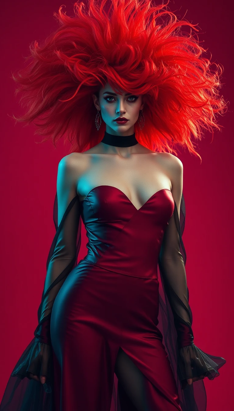 Full body fashion editorial photograph, entire figure visible from top of head to feet, generous space above head, generous space below feet, no cropping anywhere, zoomed out enough to show complete figure, dressed in avant-garde haute couture, the clothing is the concept not the decoration, wild vivid red voluminous hair, dramatic hair is a key element of the look, deep dark red background, dramatic teal rim lighting, pale porcelain skin, dark lips, confrontational gaze, raw European fashion editorial, shot on 85mm lens, natural body proportions
https://s.mj.run/VHyg484Ecr4
--ar 2:3 
--raw  
--v 8.1 
--hd