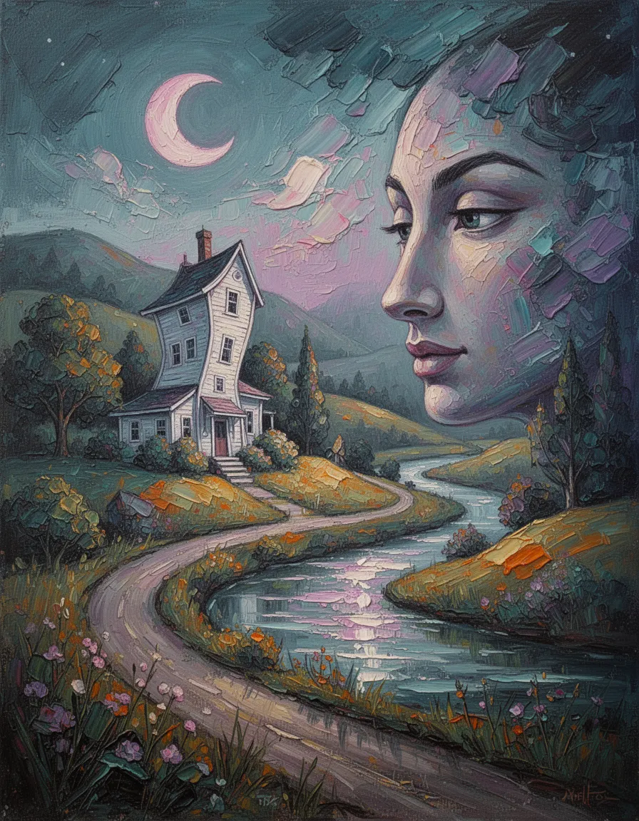 a textured impasto oil painting of a serene human face in profile emerging from a dreamlike landscape, rendered with thick brushstrokes, palette‑knife texture and visible paint layers in an analog teal‑blue‑violet palette accented by ochre and burnt orange. the scene features a tall, curvy, crooked white house nestled among rolling hills, lush greenery, and winding country roads, with a peaceful river winding through, its surface shimmering with luminous highlights. a crescent moon casts a warm pink glow, while a matisse‑style sky bursts with expressive, gestural brushwork. high‑contrast chiaroscuro, atmospheric haze, and rough canvas texture give the composition a tactile, abstract‑expressionist feel, blending surrealism with vivid impasto detail.