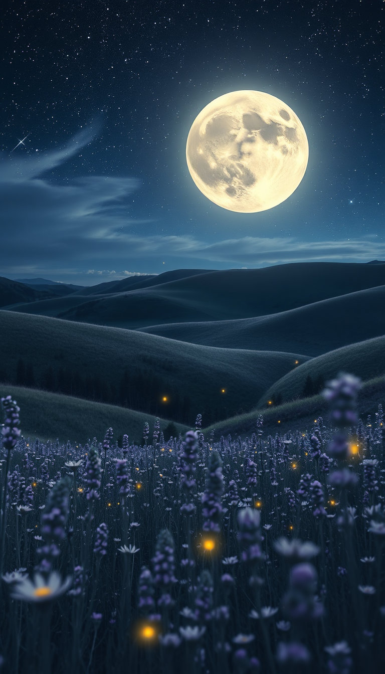 a magical moonlit wildflower meadow under a crystal‑clear starry night sky, with a large glowing full moon over rolling hills, thousands of blooming flowers swaying in a cool night breeze, delicate lavender‑like blossoms rising above the grass, tiny glowing fireflies drifting between the blossoms, and a densely packed sky of sparkling stars and wispy clouds, rendered in monochromatic spectral isolation lighting that collapses all colors into tonal variation of a single hue, creating an austere, graphic, analytical composition, with soft moon glow and deep shadows emphasized in stark tonal contrast.