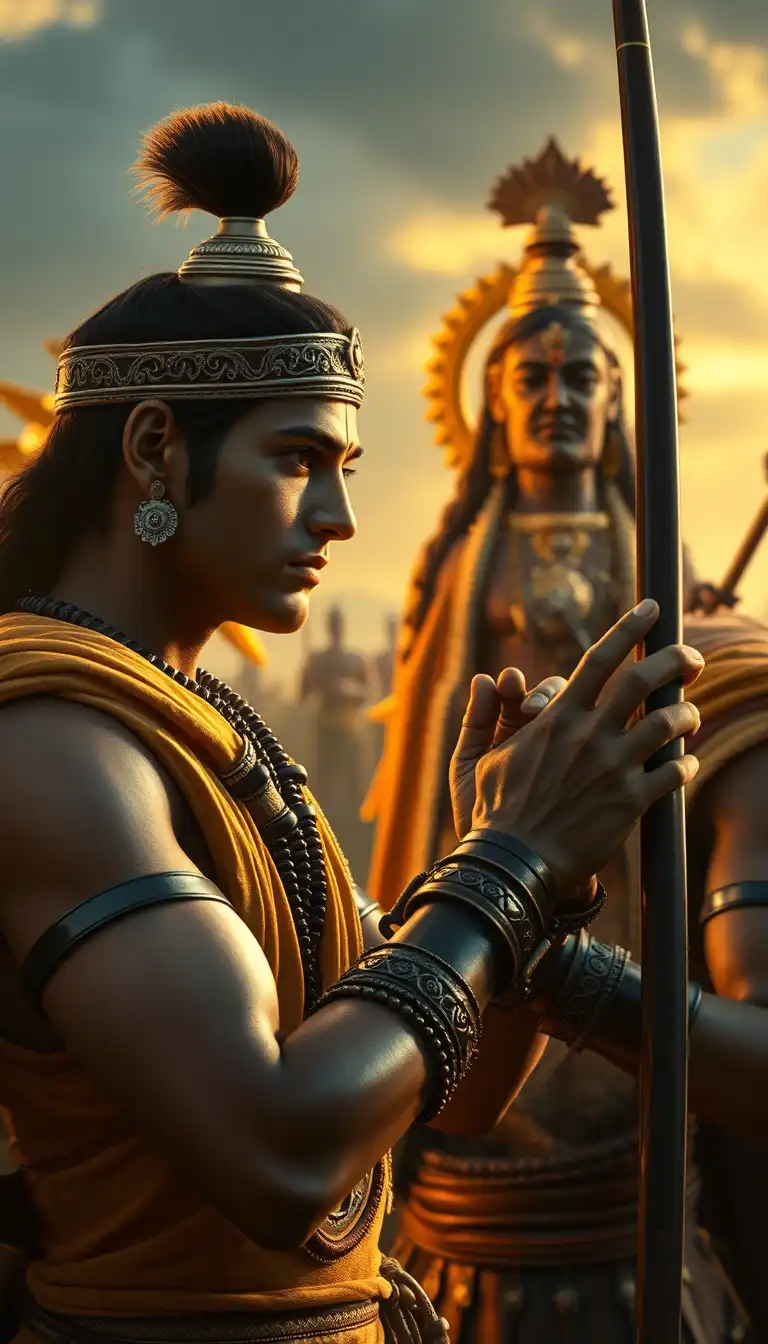 “Cinematic scene of the Mahabharata battlefield at dawn. Arjuna, a warrior prince with bow in hand, folds his hands respectfully before Lord Krishna. Krishna stands calmly as charioteer, glowing divine golden aura behind him. Camera close-up on Arjuna’s curious and humble face. Epic, realistic, highly detailed.”