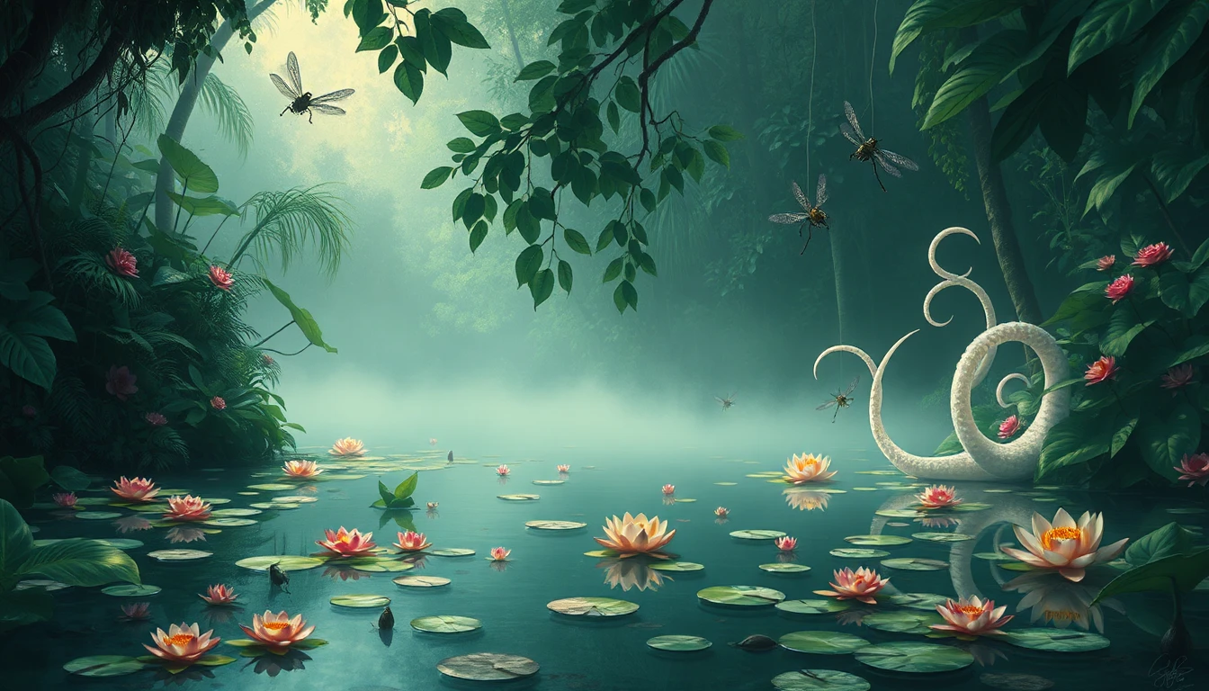 in the midst of a dense, mist-shrouded jungle, a lone, serene pond lies tranquil and eerie, its glassy surface adorned with an assortment of vibrant water lilies and iridescent dragonflies that dance in the soft, ambient light filtering through the leafy canopy above. the air is heavy with the scent of blooming flowers and damp earth, and the atmosphere is alive with the distant calls of unseen birds and the rustling of small creatures through the underbrush. in perfect harmony with this natural setting, the pond's surroundings are rendered in exquisite detail, with an emphasis on fine brushwork and layered glazes that imbue the image with a sense of depth and texture. the foliage is lush and vibrant, with an array of colors that seem to shift and change as the eye moves through the scene, evoking the dynamic, expressive quality of an 80s graphic novel. the artist's skilled hand has also captured the intricate, organic forms of the pale, gelatinous tentacles that rise serenely from the pond's depths, their ethereal, bioluminescent tendrils wafting gently in the current like spectral sea serpents. these surreal, dreamlike appendages seem to be a natural part of the ecosystem, blending seamlessly into the scene's lush, vibrant tapestry. the digital oil painting style adds a level of photorealism to the image, with an attention to detail that is reminiscent of the works of j.c. leyendecker. every leaf, every flower, and every drop of dew on a spider's web is rendered with crisp clarity and stunning accuracy, drawing the viewer's eye into the scene with an irresistible force. in the background, the jungle itself seems to stretch on forever, a seemingly endless expanse of greenery that is tempered by the soft, diffused light of a distant clearing. it is a place where the boundaries between reality and fantasy blur and disappear, leaving only a sense of wonder and enchantment in their wake.
