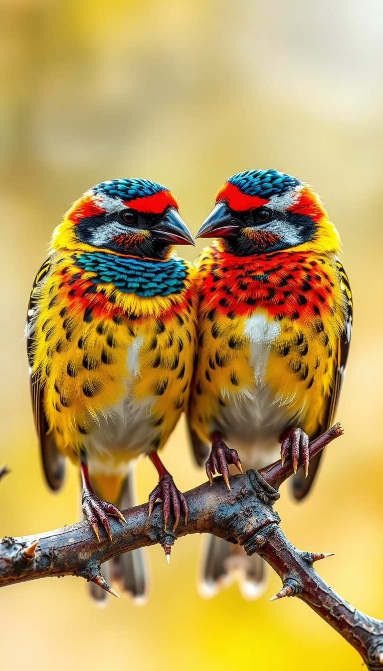 male and female zebra finches preening on a textured thorny branch, macro close‑up, shallow depth of field, soft diffuse daylight – rajput painting style with bold jewel‑toned fields of deep crimson, brilliant yellow, rich blue and vivid green, flat color areas outlined in fine ink, horizontal decorative registers, stylized perspective, elongated eyes and elegant postures, gold highlights and fine stippling accenting feathers and beak, ornamental patterning on the branch, creamy smooth bokeh background in opulent jewel palette.