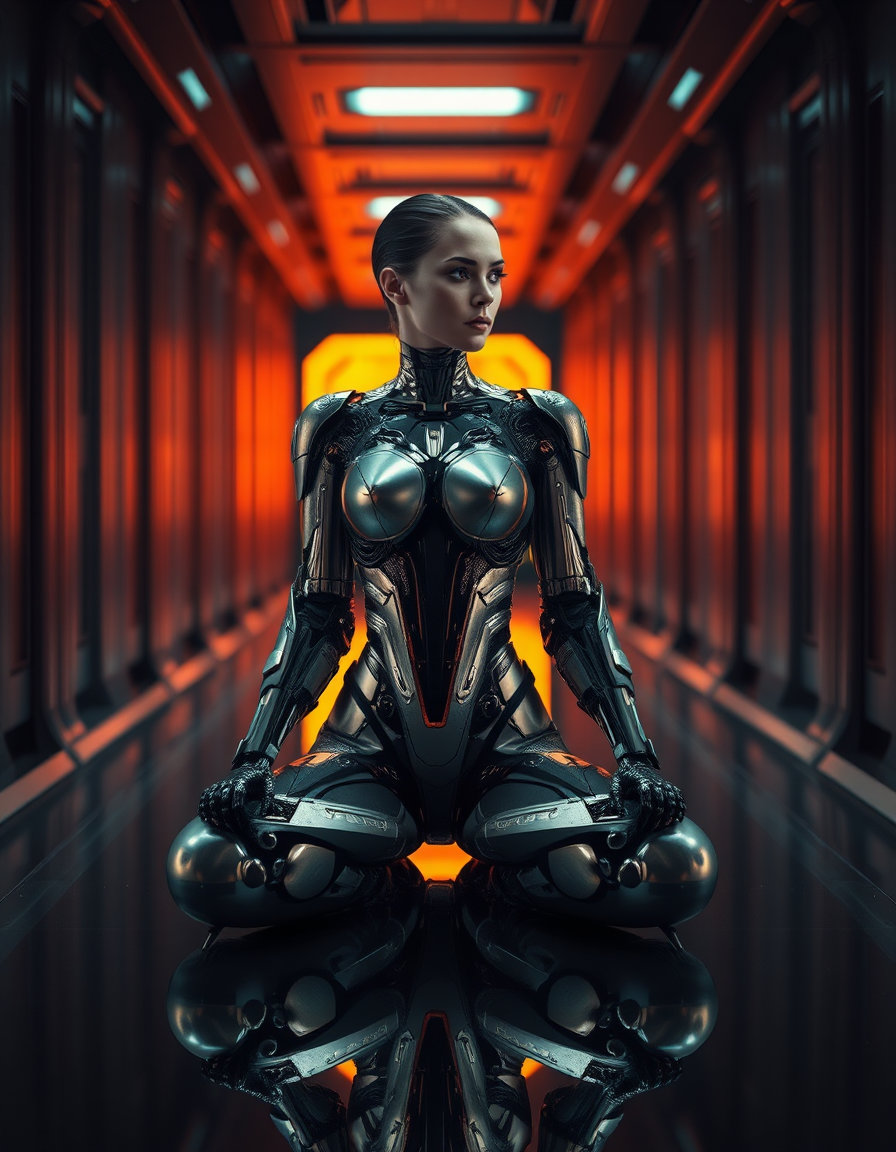in a perfectly centered composition, a stunning female cyborg sits perfectly in the center, mirrored along a horizontal axis, reflecting herself with precise symmetry, where both sides of the frame carry equal weight, often echoing each other in form, color, or light. the edges are precise, balanced, with no space wasted, as if carved out of a block, with every line and curve telling a story of balance and harmony. the subject, a magnificent fusion of human and machine, is dressed in a sleek silver and black armored bodysuit, adorned with intricate details that highlight her cybernetic features, while subtle, cinematic lighting spotlights her central figure or radiates evenly outward, emphasizing her symmetry and monumentality. the focus is sharp, capturing every nuance of her being, from the metallic sheen on her armor to the glow of holographic display behind her, creating a sense of sharp, absolute equilibrium. in the background, the dimly lit sci-fi corridor stretches out into the distance, with a glowing orange and blue holographic display casting an otherworldly glow, but this is merely a distant backdrop, a mere suggestion of depth, as the focus remains intensely on the subject, the female cyborg, suspended in clarity, with shallow depth of field dissolving the background into a buttery blur. the lighting, with dramatic shadows and high contrast, highlights her armored bodysuit's textures, creating a moody, futuristic atmosphere, as if the viewer is standing right next to her, in her space, with the sleek, modern interior of the metallic walls subtly hinting at the technological advancements that have given rise to her cyborg form. meanwhile, the subject's presence is further emphasized by her introspective glance, turned away from the viewer, as if lost in thought, with a gentle smile playing on her lips. the entire scene is wrapped in a cinematic glow, a blend of photorealistic and stylized elements that evoke a sense of awe and wonder, a testament to the power of this technological marvel, this female cyborg, standing tall, shining brightly, in the heart of the sci-fi narrative.
