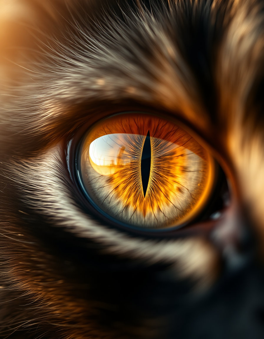 in a close-up, photorealistic depiction of a domestic cat's eye, the frame is completely filled with the intricate details of the golden-amber iris, a mesmerizing web of complex striations, and the vertical pupil, set against a warm, golden-hour backdrop of the natural environment. the eye, a stunning example of feline beauty, dominates the frame, its surface texture captured in hyper-detailed macro fidelity, with individual hairs of the surrounding black fur visible in the periphery. the feline gaze, direct and unblinking, appears intensely focused, as if poised for a serene and predatory calm, a testament to the animal's stillness, yet alertness to its surroundings. the soft, diffused sunlight, with its warm, golden tones and amber hues, casts a gentle glow upon the eye, emphasizing its contours and textures, making the surfaces tactile. the lighting is characterized by deep, soft-edged shadows in the fur crevices and crisp eyelid shadows, with a high-contrast ratio achieved through the use of a strong key light and minimal fill. lens flare and bokeh orbs add a sense of sunbeam diffusion through the foliage, blurring the background elements into a buttery, buttery blur, leaving the subject suspended in clarity. the composition, guided by the rule of thirds, features the eye slightly off-center, with symmetry in the iris pattern, and a minimalist approach to negative space, with the fur filling most of the frame. the camera's implied focal length, depth of field, and aperture feel, achieved through a very shallow depth of field and f/2.8–f/4 equivalent, create a sense of intimacy and immediacy, drawing the viewer into the subject's space, where the intricate textures of the fur, skin, and iris tissue come alive in hyper-detailed, macro realism, with anisotropic specular highlights on the fur, glossy corneal reflection, and diffuse iris texture, set against a warm, golden-hour palette, and high saturation in the iris.