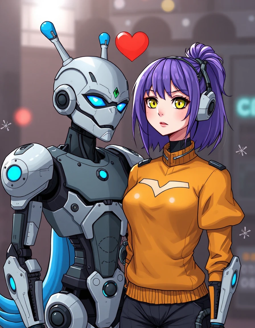 Murder drones robot from glitch  characters dating one male with silver hair, blue tail, blue eyes, and one female with purple hair and yellow eyes