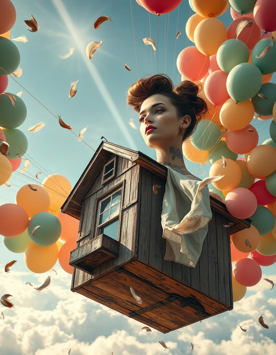 Portrait d Une femme punk rasé mèche blue vert rose tattoo sur tous avec un singe dans sa main de face magnifique elegante hip hop skull Avec les cheveux tirer en arriere avec un chignon realistea weathered house drifts through the sky, tethered to hundreds of colorful balloons. painterly. curtains flutter outward, releasing feathers and memories. below, clouds form mirror images of furniture. the scene is seen from a 360° orbit, capturing the subject at a dynamic 3/4 angle with sculpted lighting that highlights the dramatic contour edges of the house, emphasizing its rotational possibility. a solitary beam of light cuts through the balloons, freezing the movement of the scene in a moment of perfect, whimsical wistfulness, as if a rotating camera rig has momentarily stopped, rendering the photoreal fabric texture and pastel melancholy in stunning, cinematic detail.
