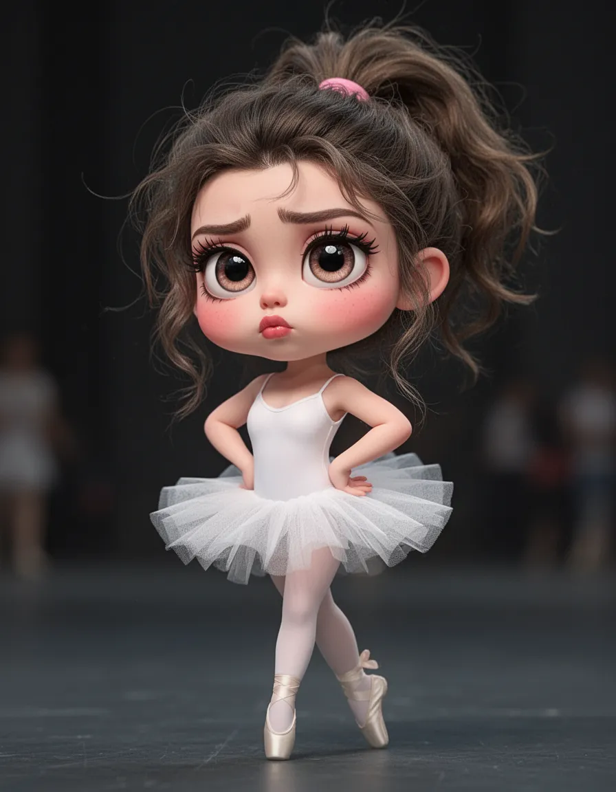 **Identity / Type:** stylized anthropomorphic female child, ballet dancer, chibi proportions, exaggerated large ocular features, voluminous hair
**Pose & Gesture:** hands placed firmly on hips, weight shifted onto one leg, contrapposto stance, chin jutted forward, arms flexed at the elbow
**Distinctive Features:** oversized irises with heavy upper lash line, flushed cheeks, pouting lips, disheveled high ponytail with loose flyaway strands, pink hair tie
**Clothing or Equipment:** white camisole leotard, multi-layered white tulle tutu, satin ballet slippers with ribbons tied around ankles
**Scale & Proportion:** exaggerated head-to-body ratio, elongated limbs relative to torso, foreshortened lower legs, stylized anatomy
**Orientation:** three-quarter view, slight rotation to the left, frontal facial plane, vertical axis alignment
**Spatial Relationship to Frame:** centered composition, isolated subject against blurred dark background, negative space surrounding the figure