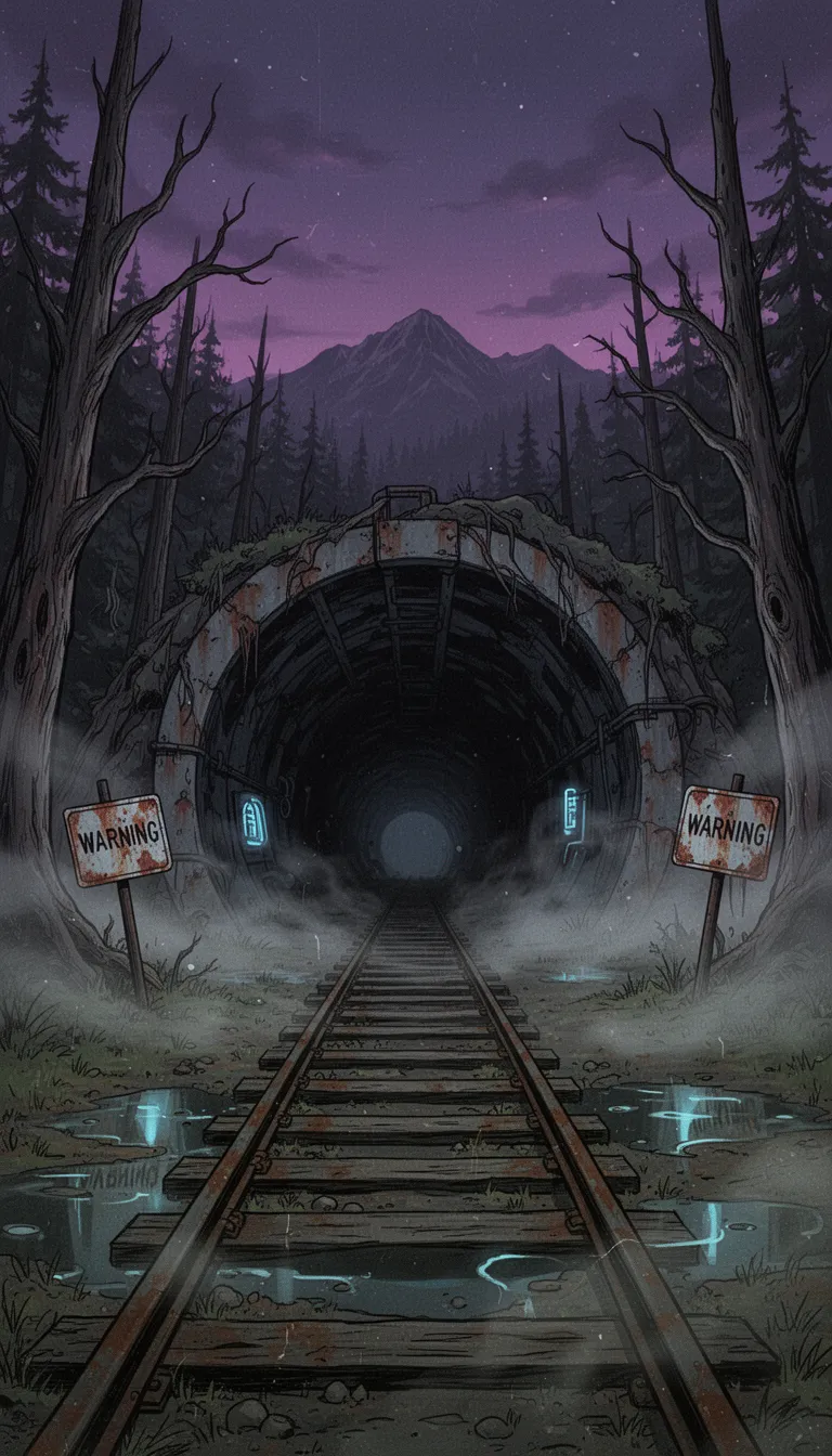 drawn in dark, cinematic cartoon style, with heavy shadows, dramatic lighting, night-time setting, detailed line work and an eerie, surreal atmosphere, inspired by adult animated shows and noir comics, subtle neon glow, slightly distorted facial expressions, thick outlines, VHS effect, muted colors, and vintage textures, stylized background with twilight skies, mysterious environment, and emotional tension, 4K highly detailed painting, aspect ratio 9:16. A massive abandoned railway tunnel entrance deep in a remote American forest at dusk, rusted train tracks disappearing into total darkness, twisted dead trees surrounding the entrance, fog rolling across the ground, faint blue neon reflections in puddles, old warning signs covered in rust, distant mountains beneath a dark purple twilight sky, unsettling atmosphere suggesting an ancient secret hidden inside the tunnel, cinematic wide-angle composition, ominous horror mood.