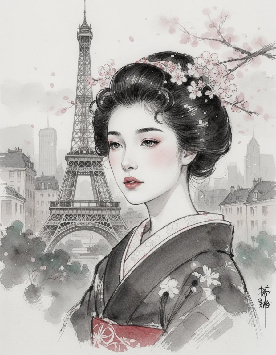 in a serene, traditional japanese sumi-e ink wash painting, a woman's face is delicately rendered against a subtle, dreamlike cityscape, with the eiffel tower's iron latticework softly integrated into the background, its delicate lines blending with the gentle curves of her facial features, as she stands calmly amidst a minimalist tapestry of soft, watercolor textures, evoking the quiet beauty of a japanese garden, where the simplicity of traditional japanese aesthetics meets the elegance of a high-end fashion icon, with a focus on negative space and subtle brushstrokes, a palette of muted, earthy tones and delicate washes that evoke the softness of cherry blossoms, her gaze is introspective, as if lost in thought, her soft curls and subtle make-up exuding the essence of a refined, understated beauty, one who embodies the serenity and poise of a traditional japanese geisha.