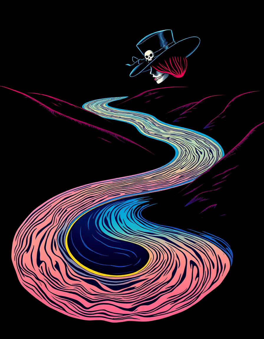 une femme élégante en chapeau skull gothique de cuir noir, bottines courtes à motif skull, entourée de gargouilles sur un fond sombre, dreamlike stillness, couleurs pastel douces, brume légère, contours flous, atmosphère sereine et surréaliste, lumière filtrée par une légère brume, mouvement lent et silencieux.A winding river rendered in 1960s psychedelic poster style—undulating contour lines and vibrating complementary colors. COMPOSITION: serpentine S-curve river dominating the frame, bordered by swirling hills. LIGHTING: flat but hyper-saturated; neon gradients pulse along the river’s edges. STYLE: psychedelic ink—wavy outlines, optical moiré patterns, bold lettering shapes integrated into landscape contours. MOOD: surreal, electric, rhythmically hypnotic.