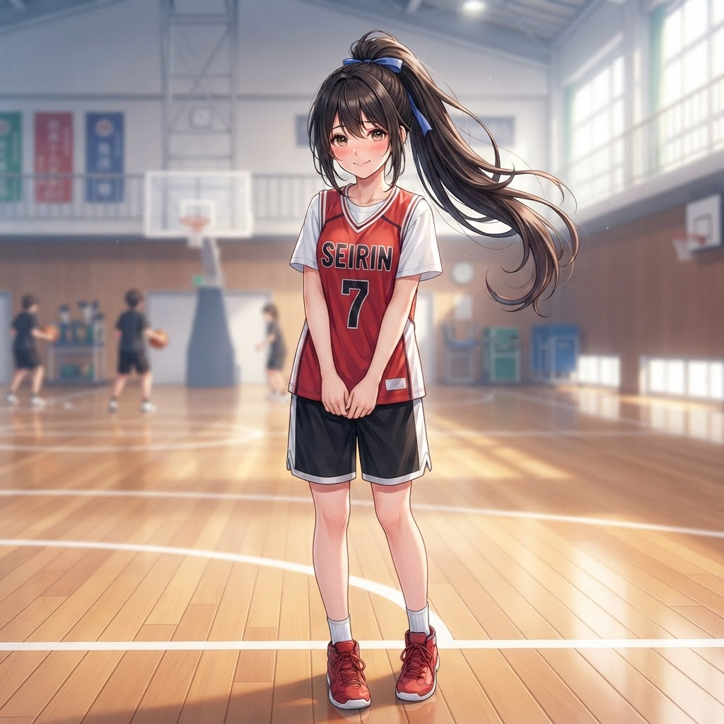 sports romance anime high school girl in a basketball jersey, long ponytail, standing in a bright school gymnasium, shy smile, clean soft gradient studio background, vibrant, crisp high detail, digital illustration, no text, no words