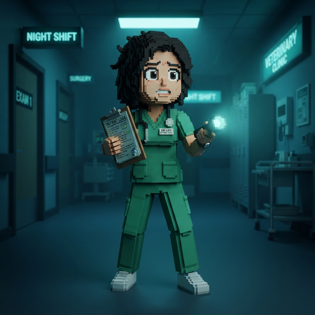 original character: a blocky voxel style veterinary night-shift worker in green scrubs holding a clipboard and a flashlight, nervous wide-eyed expression, Roblox-like stylized 3D blocky character render, eerie teal hospital glow, clean soft gradient studio background, vibrant, crisp high detail