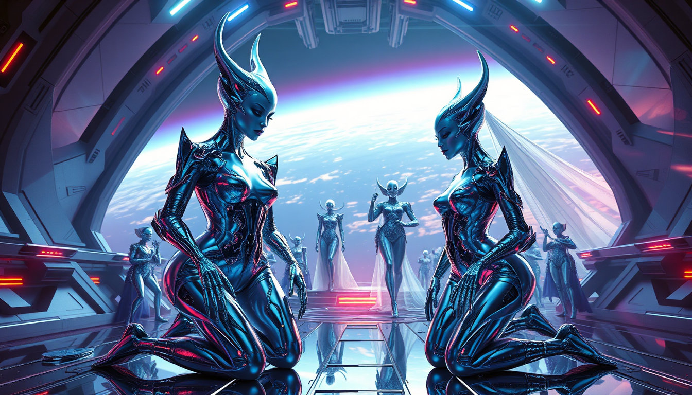 futurefashion vision of the sylvarin sisters cherex and danex, regal cyber‑goddesses in sleek, sculptural garments of liquid polymer, brushed titanium mesh, and iridescent chrome, their creamy skin illuminated by cyan‑violet laser accents. around them, the urathian horde kneels, their armor transformed into minimalist, high‑glossed fashion pieces of void‑glass and reflective metal, turning worship into a runway of impossible geometry. beside them, a prom queen from venus glows in avant‑garde cyber couture, luminous circuitry and holographic veils mirroring the ambient lab‑white and cyan light. the scene unfolds within a superspace station: a boundless vector‑styled lattice of planar triangles and dodecahedrons, surfaces of etched light‑guide polymers and matte titanium, all bathed in diffuse cyan‑laser illumination and gradient skies of deep purple to neon orange, preserving the precise, graphic aesthetic while every element is reimagined as futuristic fashion.