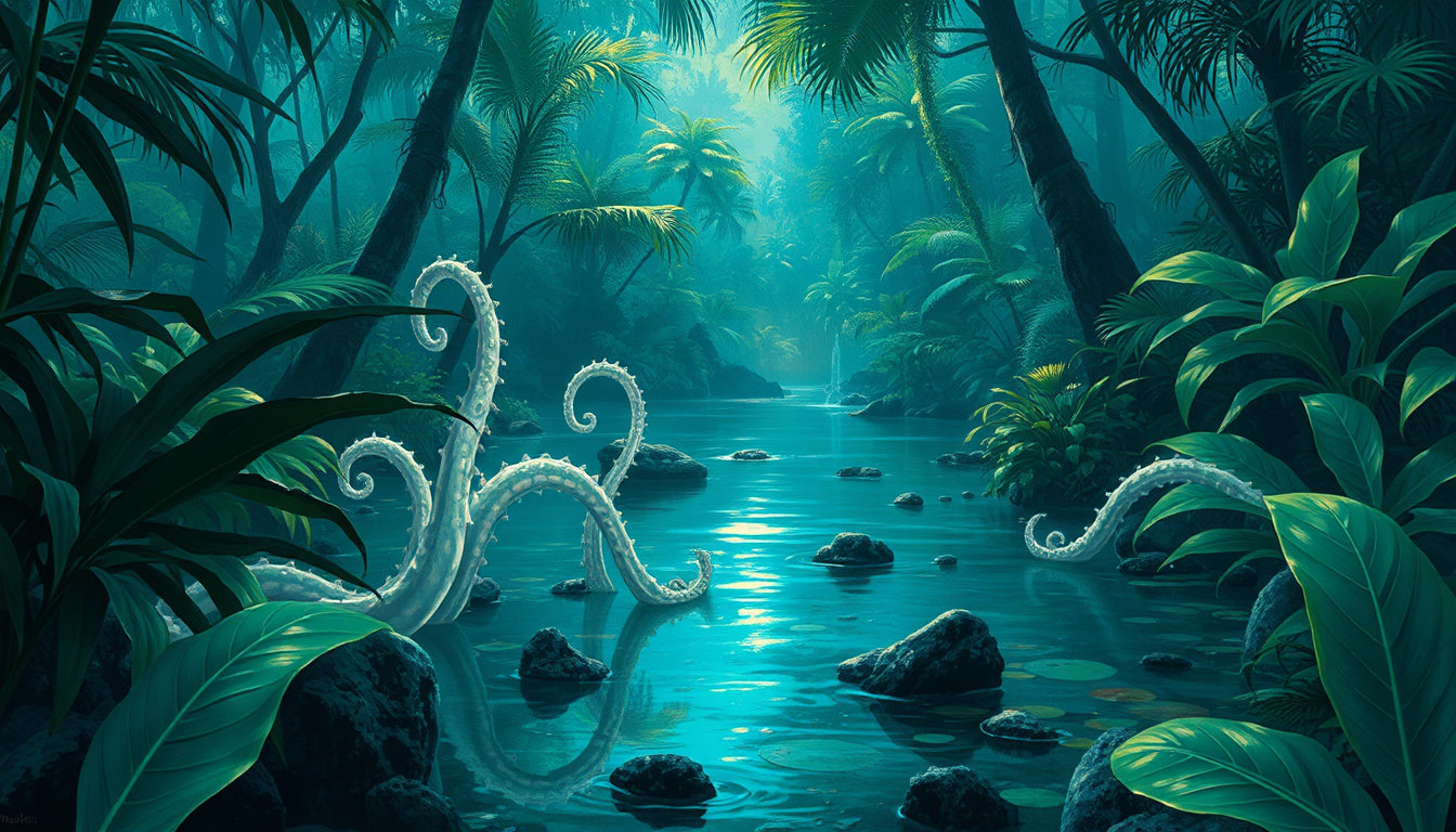 in a lush, vibrant, and mysterious atmosphere, a hauntingly beautiful scene unfolds, echoing the nostalgic charm of 80s graphic novels and vintage art. the style, reminiscent of j.c. leyendecker's iconic work, transports us to a realm of high contrast colors, where rich blues and emerald greens evoke a sense of nostalgia and wonder. against this captivating backdrop, a serene, yet eerie, digital oil painting unfolds, showcasing masterful, hyper-realistic brushstrokes and painterly textures that seem to shimmer and glow in the soft light. the digital oil painting style imbues the scene with a depth and richness, as if the colors and textures have been carefully applied by a skilled hand. in the distance, a tranquil pond glimmers, its glassy surface reflecting the vibrant hues of the surrounding foliage. however, beneath the tranquil facade, a sense of unease lingers, as pale, tendril-like tentacles emerge from the depths, their ethereal beauty both captivating and unsettling. the atmosphere is one of quiet contemplation, as if the very essence of the jungle has been distilled into this singular, eerie moment. the setting's refinement, courtesy of paintery medium's concept-art quality, elevates the scene to a realm of surreal elegance, while the attention to detail and texture imbues it with a tactile, almost three-dimensional quality.