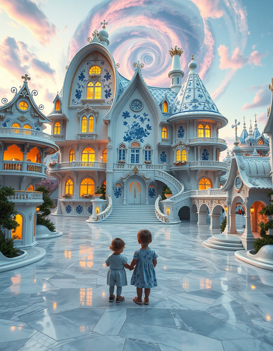 ULTRA-DETAILED cinematic porcelain fantasy world inspired by handcrafted Delft porcelain, celestial fairytale architecture, and dreamlike storybook realism.
IMPORTANT:
the PRIMARY focus of the image is the porcelain architecture and the magical ceramic environment.
The sky is ONLY background atmosphere.
The galaxy swirl must remain distant, subtle, and secondary.
DO NOT let the vortex dominate the composition.
DO NOT center the vortex.
DO NOT make the sky brighter than the architecture.
MAIN SCENE:
two small children seen from behind,
a little boy and little girl holding hands,
quietly standing in awe before an enormous whimsical porcelain house.
IMPORTANT:
the children remain small in frame,
used only to emphasize environmental scale and wonder.
MAIN FOCUS:
the gigantic handcrafted porcelain house dominates the composition.
ARCHITECTURE:
massive curved ceramic roofs,
spiraling whimsical edges,
ornate Delft blue floral patterns,
warm glowing windows,
gold ornamental trim,
porcelain arches,
elegant asymmetry,
tiny handcrafted imperfections,
fairytale ceramic realism.
The environment extends into:
a vast porcelain fantasy city,
ornate ceramic bridges,
towering porcelain spires,
flowing reflective waterways,
delicate decorative archways,
layered handcrafted fantasy architecture.
GROUND:
highly reflective porcelain pathways,
soft marbled ceramic textures,
flowing pastel rivers integrated naturally into the streets,
subtle gold vein details,
wet glossy reflections.
SKY:
soft dreamy cosmic atmosphere,
subtle swirling nebula formation far in the distance,
pastel violet,
pink,
and blue clouds,
tiny stars,
gentle celestial glow.
IMPORTANT:
the sky serves ONLY as atmospheric enhancement behind the architecture.
The porcelain city remains visually dominant.
LIGHTING:
warm glowing windows,
soft sunset illumination,
gentle pastel ambient light,
cinematic volumetric haze,
subtle bloom,
soft reflections on glossy porcelain surfaces.
CAMERA:
slightly lower angle emphasizing the scale of the porcelain structures,
wide cinematic lens,
environment-first composition,
architecture occupying most of the frame.
MOOD:
peaceful,
dreamlike,
magical,
childlike wonder,
ethereal elegance.
STYLE:
luxury fantasy realism,
storybook cinematic atmosphere,
ornate handcrafted porcelain fantasy,
high-end fantasy concept art.
NEGATIVE PROMPT:
oversized galaxy,
dominant sky vortex,
space scene,
cosmic hero shot,
tiny architecture,
cartoon look,
anime styling,
plastic CGI,
oversaturated HDR,
empty environment,
minimal detail,
AI texture noise.
STYLE TAGS:
ultra detailed porcelain fantasy world, Delft ceramic architecture, handcrafted fantasy realism, cinematic storybook environment, whimsical porcelain kingdom, reflective ceramic pathways, magical fairytale realism, atmospheric fantasy city, elegant cosmic background, masterpiece, 8k. 9:16