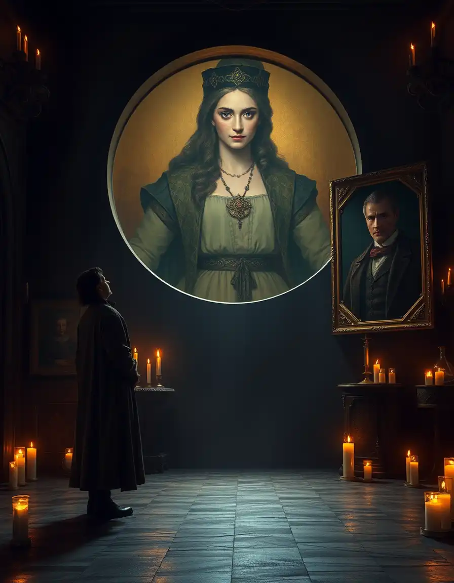 nilered chemist standing on one side of a dimly candle-lit chamber, a large oil portrait of a regal sorceress hangs on the opposite wall, her piercing gaze stretching toward a large circular opening, where an immense void seems to await, a sense of foreboding unfolding in the empty space as they raise dead people up from the inntantation circles that cascade diagonally toward the dominant chemist, partially overlapping and scaled to suggest depth.