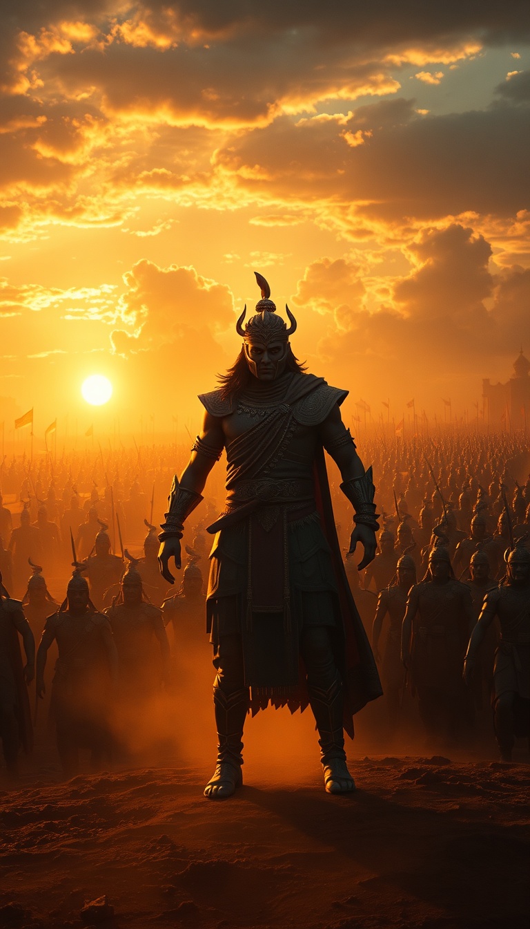 Epic Mahabharata battlefield at sunset, powerful warrior Ashwatthama standing alone with glowing divine aura, massive Kaurava army behind him, dramatic sky and dust, cinematic golden lighting, epic Indian mythology style, ultra realistic 3D render, vertical 9:16, thumbnail worthy