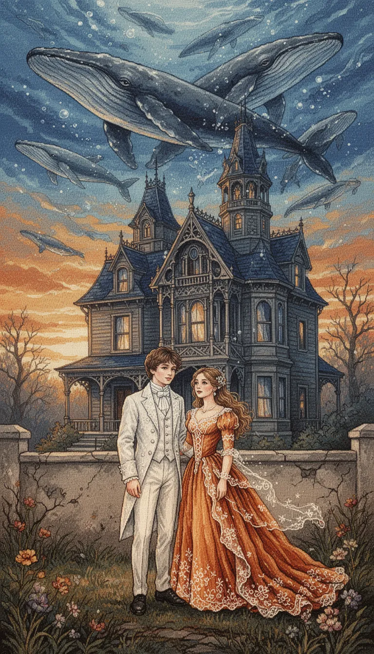 a majestic victorian-era haunted house stands prominently, its intricately carved wooden façade and turrets gleaming in the warm, golden light of a british sunset. the building's grandeur is dwarfed by the breathtaking spectacle of a celestial ocean above, with colossal whales gliding effortlessly through the shimmering blue waters. their imposing forms, rendered in delicate brushstrokes, seem to stretch on forever, as if the very fabric of the sky has been rent asunder to reveal this ethereal wonder.

below, a youthful couple poses in serene tranquility. the young man, dressed in a dazzling white finery, exudes an aura of innocence and optimism, while the young woman, clad in a flowing, deep orange gown, radiates elegance and poise. her dress is adorned with intricate lace and delicate patterns that seem to dance in the fading light, their beauty tempered by the somber, gothic grandeur of the haunted house looming behind them.

the air is alive with the soft, dreamlike atmosphere of a watercolor painting, as if the brushstrokes of a master artist still linger on the canvas. pigment granulation and the subtle texture of cold-pressed paper imbue the scene with an almost tactile sense of depth and wonder. against the muted tones of the stucco wall behind them, the vibrant oranges and blues of the sunset and ocean create a striking contrast that draws the eye inexorably to the mesmerizing spectacle unfolding above.

every element of this extraordinary scene is a testament to the artistry of a masterful hand, from the delicate, handwoven wool and linen threads of a jacqard tapestry that recreates the entire image, to the subtle, tactile texture of rich, chunky fibers that evoke the soft fuzziness of wool. the intricate, detailed thread work that brings the tapestry to life is a marvel of traditional craftsmanship, woven with the same love and care that once went into creating exquisite, museum-quality works of art.